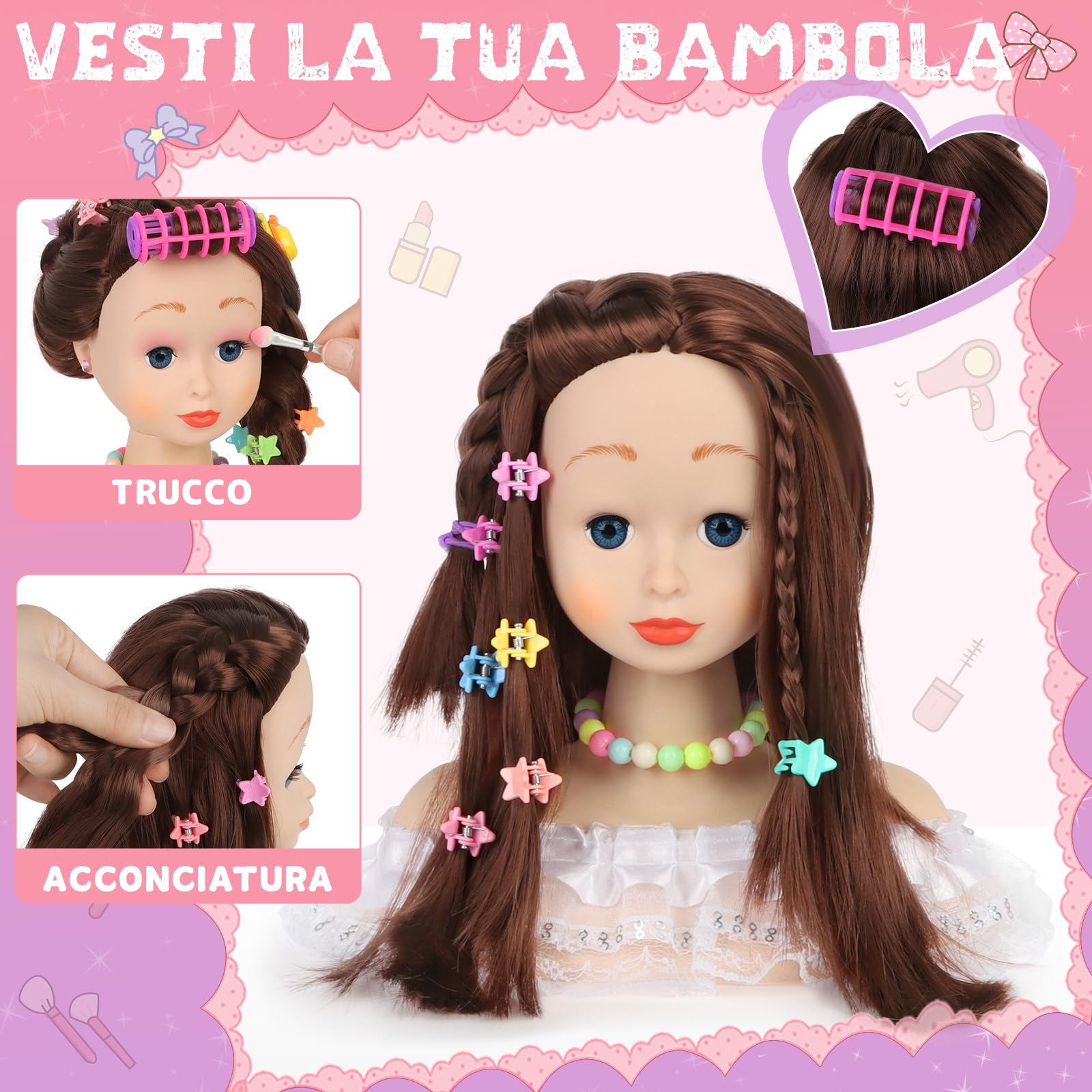 Testa Bambola da Truccare e Pettinare, 66 Pezzi Testa da Pettinare Bambina, Bambola da Truccare Regalo di Compleanno, Natale per Bambini a Partire Dai 3 Anni (Bianco)