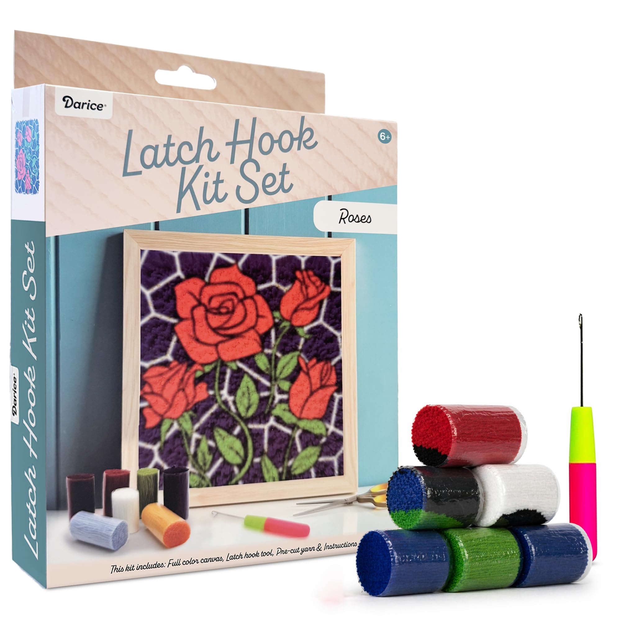 Darice Latch Hook Rug Kit, Roses Design DIY Latch Hook Kit for Kids &amp; Adults, Color Canvas, PreCut Yarn &amp; Hook Tool, Craft Activity &amp; Gift for Kids