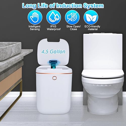 Miniatura 2 de WIYYH Bote de basura inteligente sin contacto con tapa de 4.5 galones, con sensor de movimiento, cubo de basura para baño, cocina, oficina,