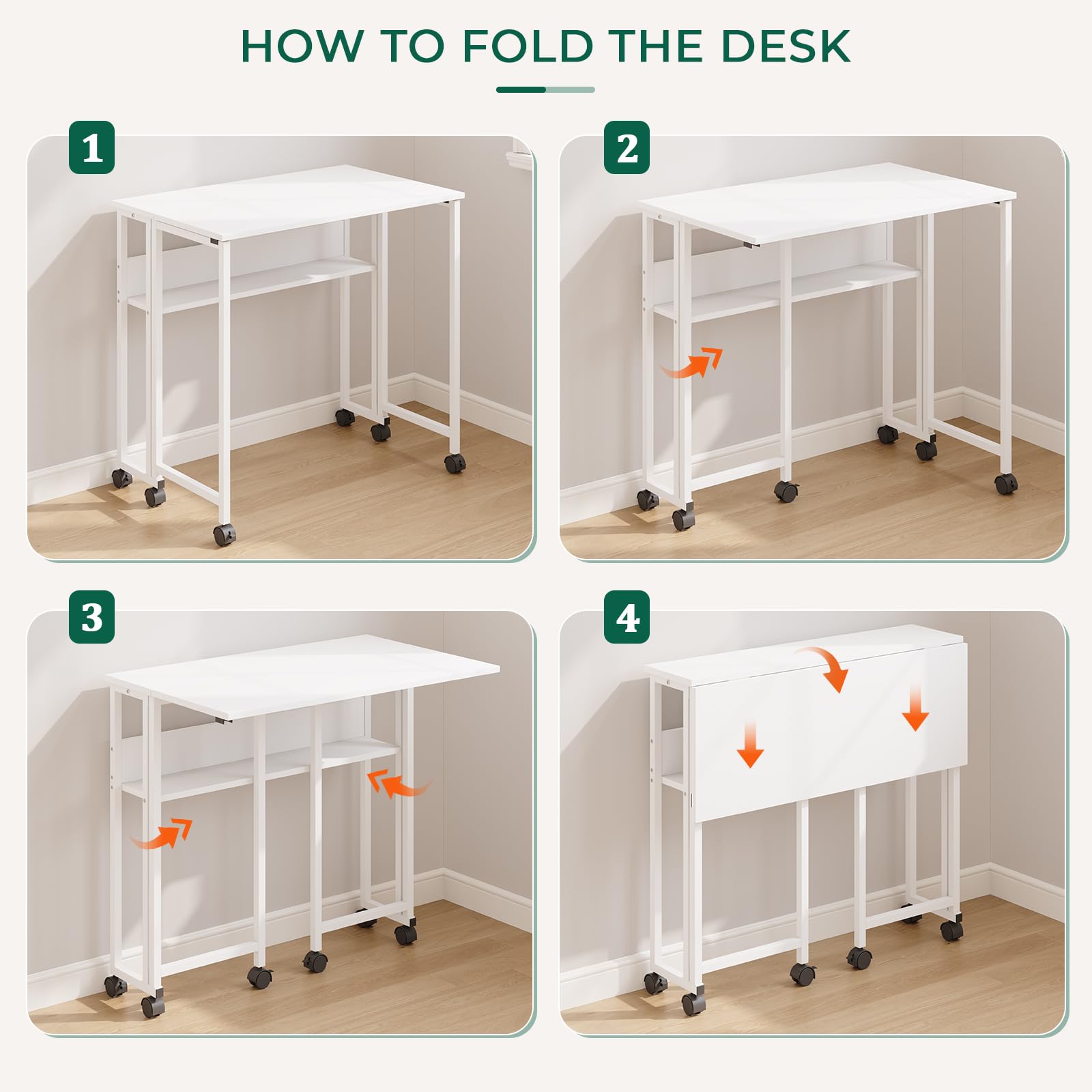 Dripex Klapptisch mit Rollen 80x50 cm, Platzsparender Klappschreibtisch Computertisch Faltbar Tisch mit Stauraum, Schreibtisch Klappbar für Homeoffice Arbeitszimmer, Weiß