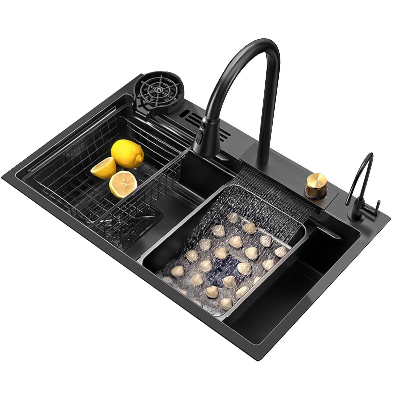 SDdPulse Waterfall Multifunctional Kitchen Sink with Pull Out Tap and Cutting Board for Yard and Office, Black C-68 x 46cm