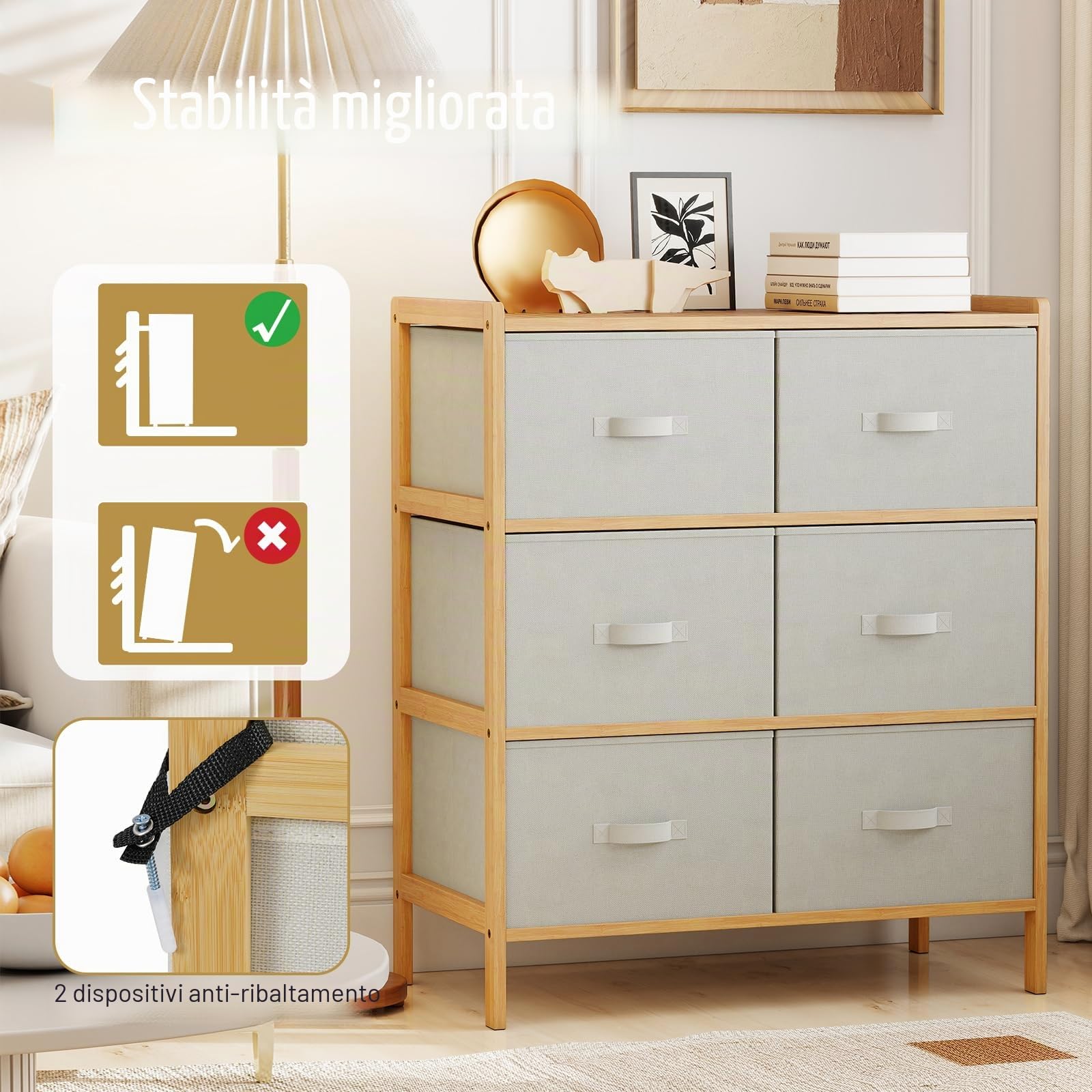 KOMFOTTEU Cassettiera con 6 cassetti pieghevoli in tessuto, cassettiera in bambù a 3 livelli, mobile organizer con dispositivo antiribaltamento, armadio di stoccaggio per camera da letto, soggiorno