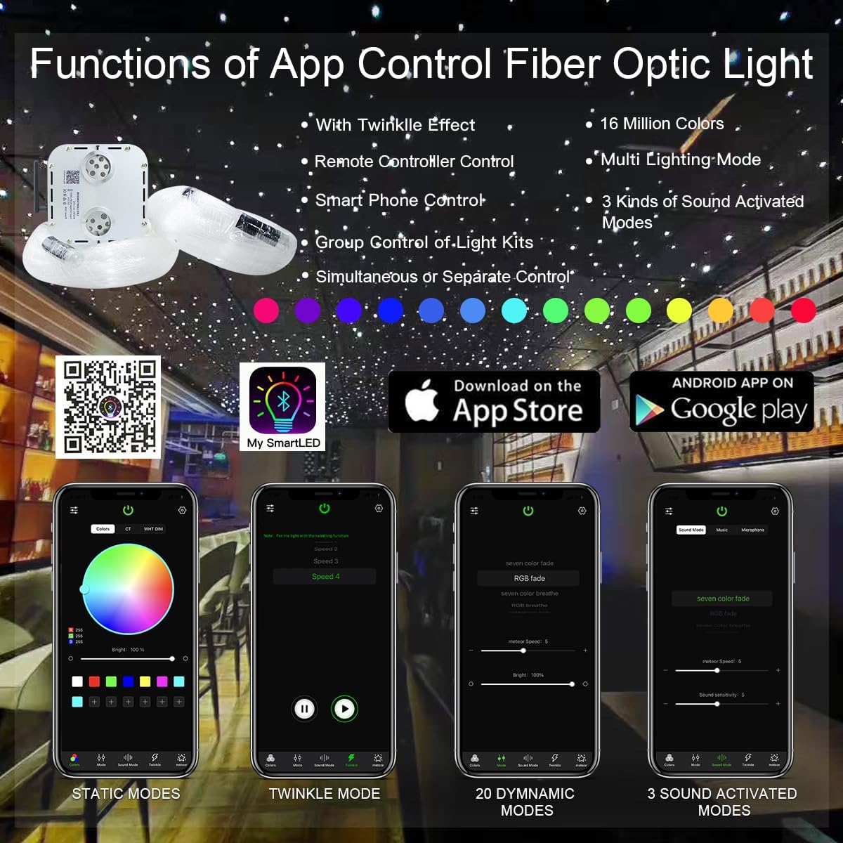 AKEPO 32W Dual Head RGBW Twinkle+ Sound Activated+APP Fiber Optic Lights Kit Star Ceiling Sky Light 16.4ft/5m Total 1550pcs of Mixed Strands 0.75+1+1.5mm for Home Indoor Decor/Car Headliner Starlight