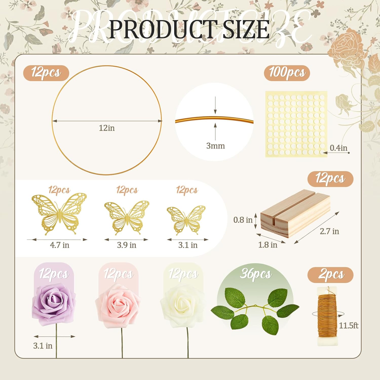 12 Set butterfly Metal Floral Hoop Table Centerpieces Include Metal Ring with Base 3D Butterfly Decoration, PE Foam Flower, Adhesive Dots, Gold Wires for DIY Wedding Baptism Party(Round)