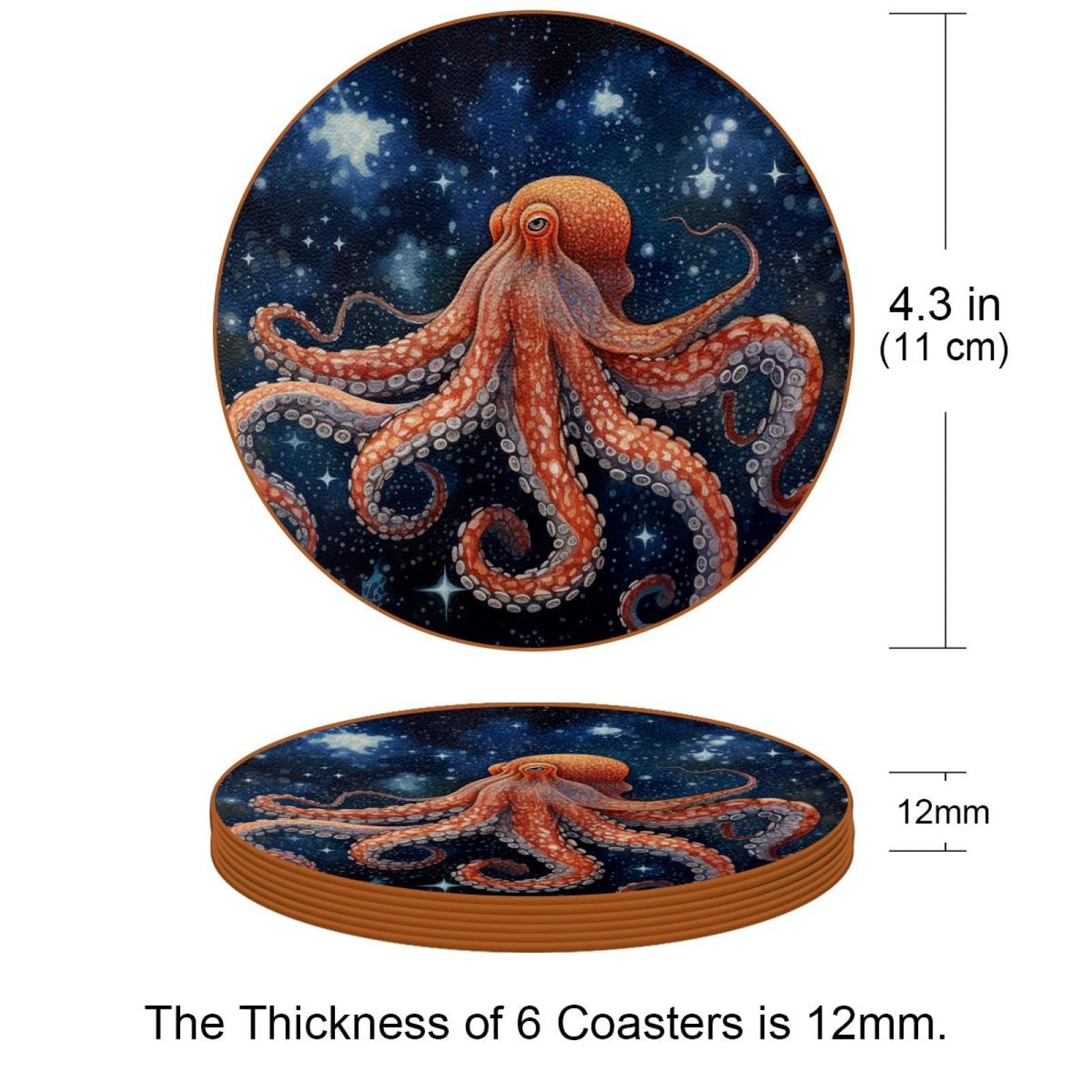 Cartoon-Galaxie-Oktopus-Untersetzer für Getränke, 6 Stück, Tisch-Schutzmatte für Weingläser, Tassen und Tassen, wiederverwendbar im Büro, Küche, Bar, 10,9 cm
