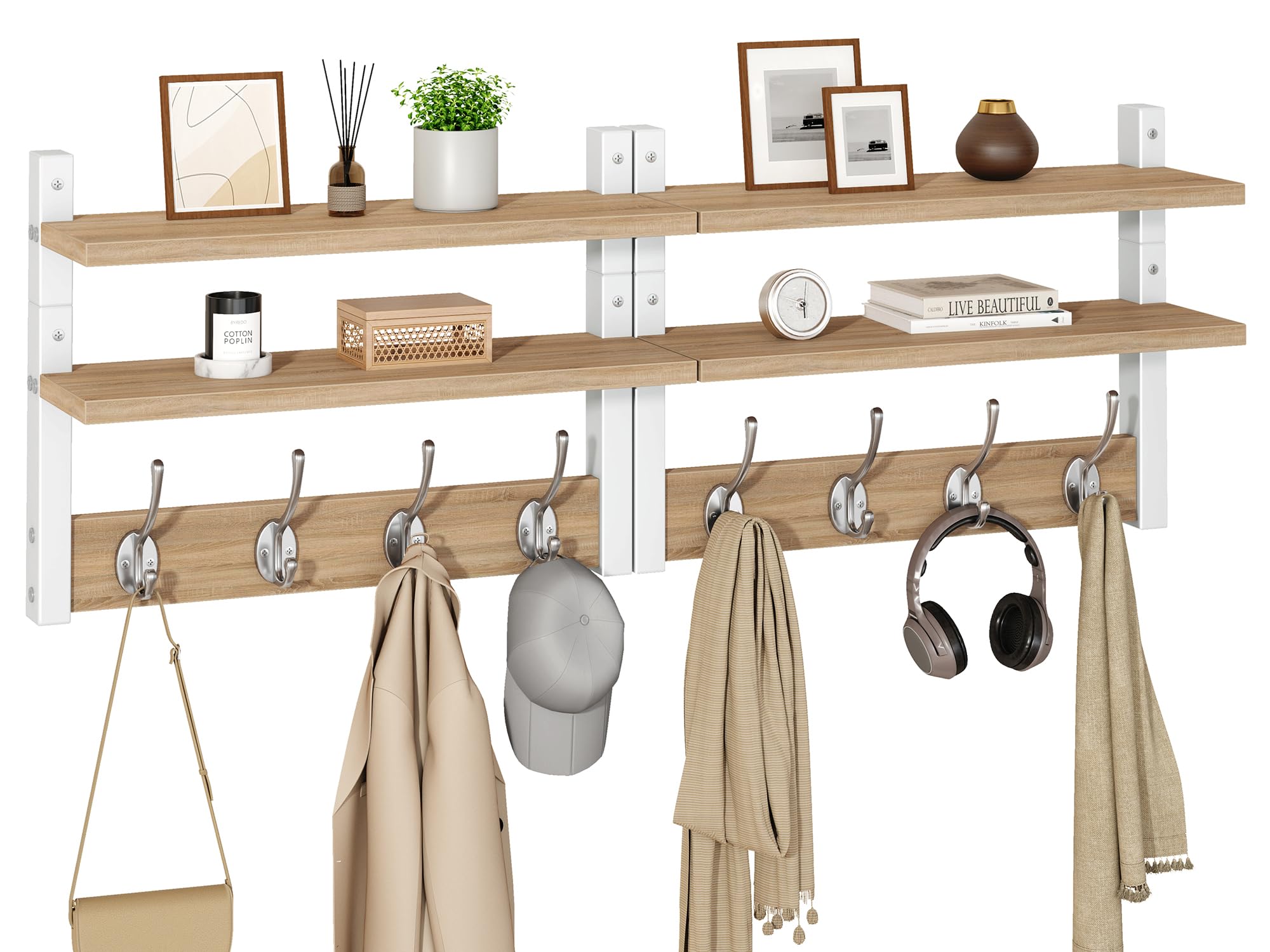 YMYNY 2-Tier Coat Hooks Wall Mounted with Shelf, Light Natural HWS009R-2