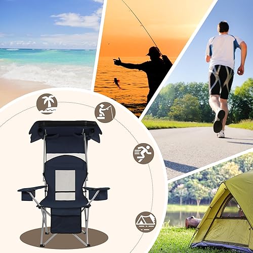 Miniatura 7 de BDL Silla de camping con toldo y sillas de playa plegables portátiles con refrigerador, respaldo de malla, portavasos y bolsillo para campamento,