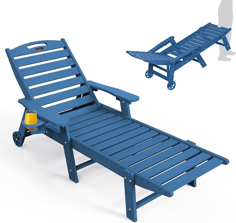 Chaise Lounge para exteriores de gran tamaño, silla de patio de HDPE con ruedas | Chaise lounge de HDPE de gran tamaño para exteriores con ruedas y portavasos, 5 posiciones ajustables, resistente a los rayos UV para patio, pileta y patio trasero