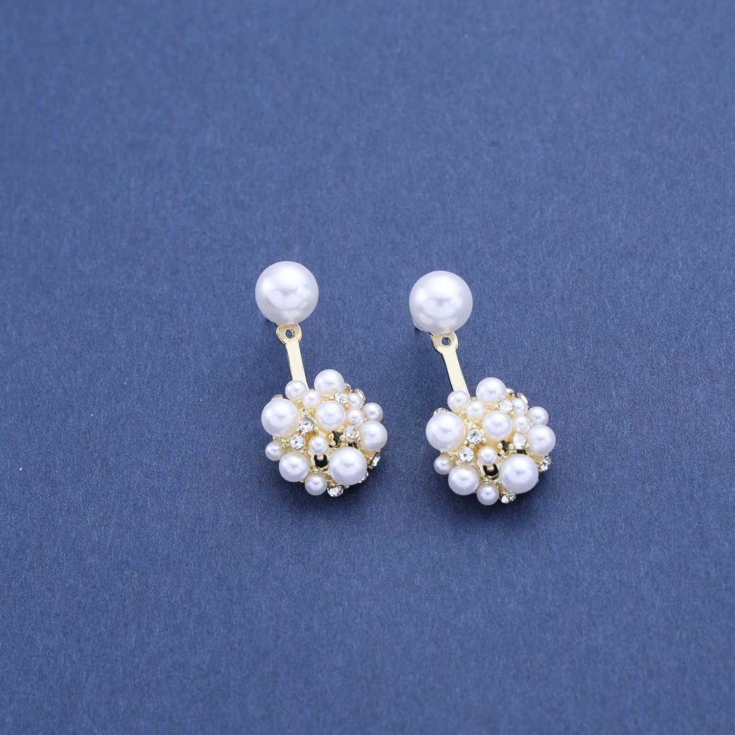 Vintage Cluster Pearl Ear Jacket Earrings Gold Cz Pearl Earrings Pearl Jacket Stud Earrings Mini Pearl Front Back Earrings Cluster Rhinestone Pearl Earrings Jewelry for Women - Image 3