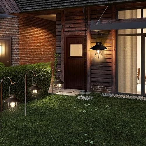 Miniatura 6 de pearlstar Linterna solar colgante al aire libre lámpara solar de metal con diseño de bombilla Edison blanca cálida para decoración de jardín patio