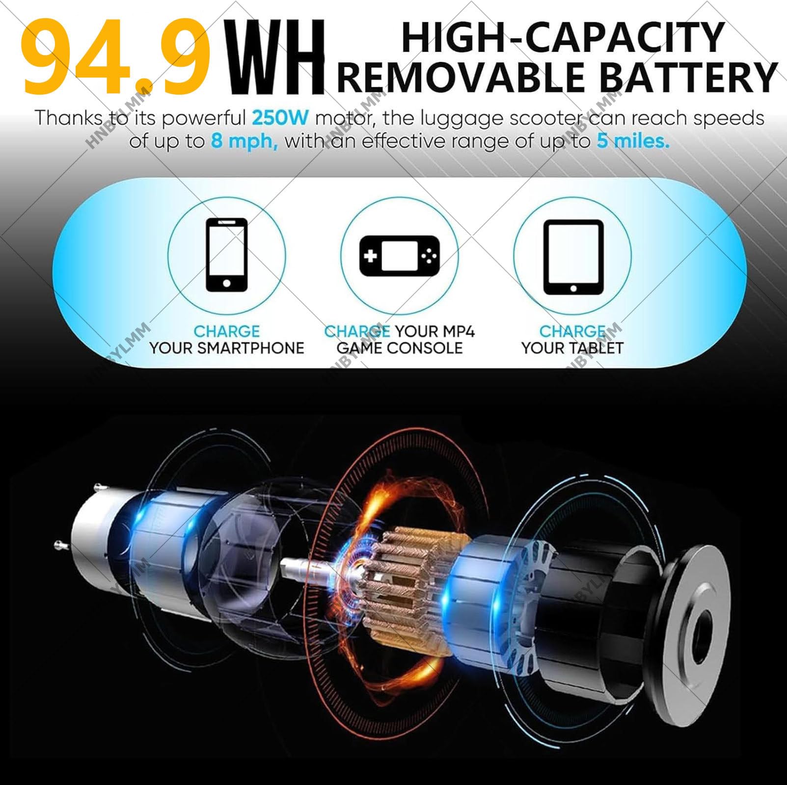 Equipaje eléctrico para montar, maleta de 20 litros con mango telescópico, ajuste de 3 velocidades, batería extraíble, puerto de carga externo, capacidad de carga de 110 kg, apto para viajes, Black, B