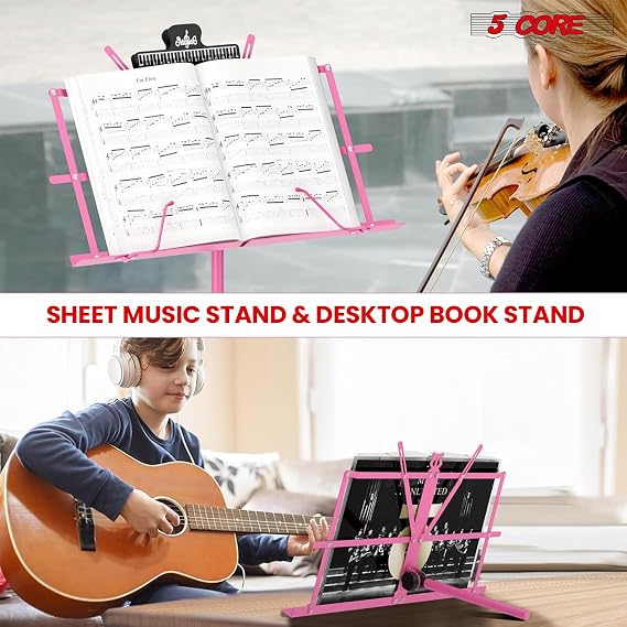5 CORE Music Stand Height Adjustable Desktop Book Stands Portable Sheet Holder All Metal Bookstand Foldable Atril Para Partituras with Carrying Bag and Clip Pink - MUS FLD PNK