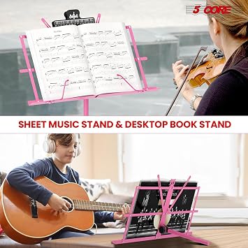 5 CORE Music Stand Height Adjustable Desktop Book Stands Portable Sheet Holder All Metal Bookstand Foldable Atril Para Partituras with Carrying Bag and Clip Pink - MUS FLD PNK