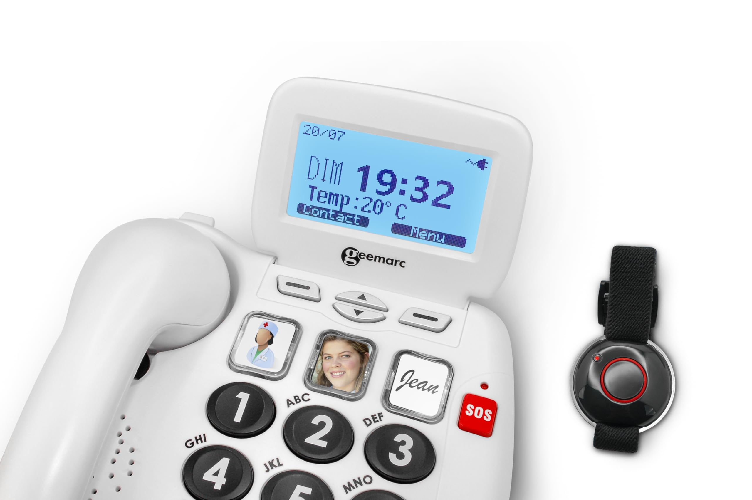 Geemarc Serenities 100 - Verstärktes schnurgebundenes Telefon und wasserfestes SOS-Armband mit großen Tasten und starkem Klingelton für ältere Menschen - Geringer bis mittlerer Hörverlust