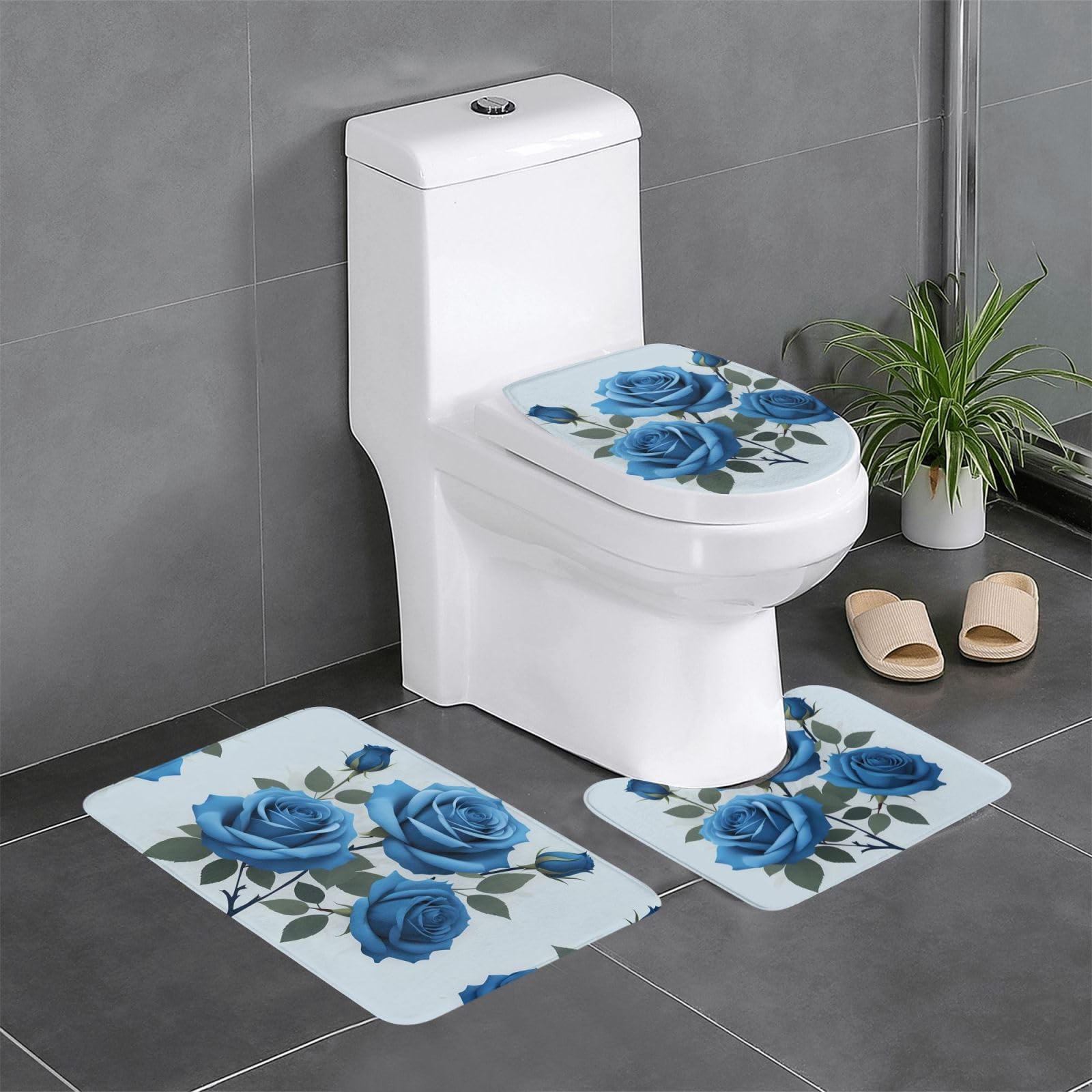 Tapis de salle de bain bleu à fleurs 61 x 40,6 cm set de 3 éléments au design raffiné