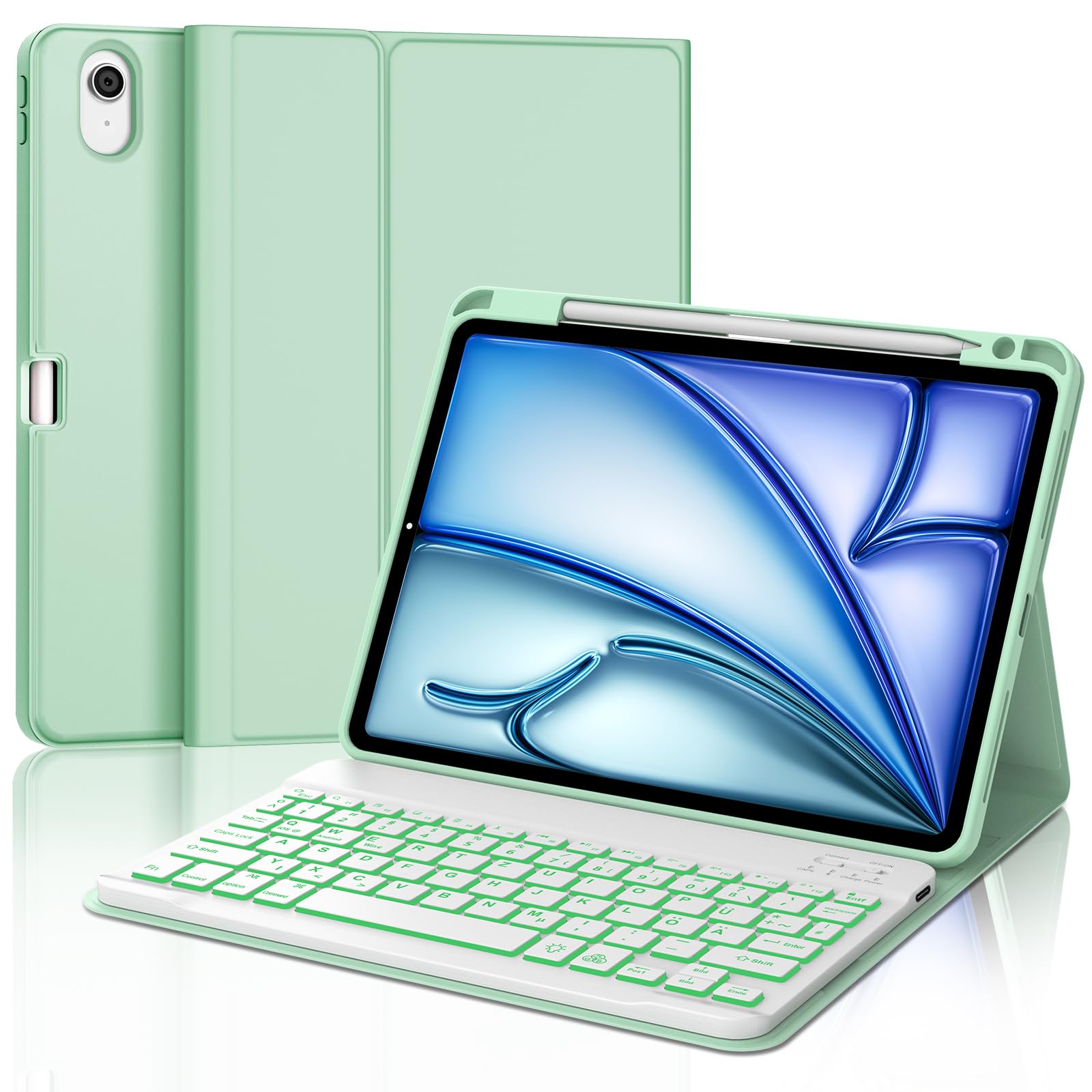Tastatur für iPad Air 11” M4 2026/M3 2025/M2 2024, 7-Farbige Beleuchtung, Schutzhülle mit Stifthalter, Hülle mit Bluetooth Magnetisch QWERTZ Tastatur für iPad Air 11 Zoll 8./7./6. Gen M4/M3/M2, Grün