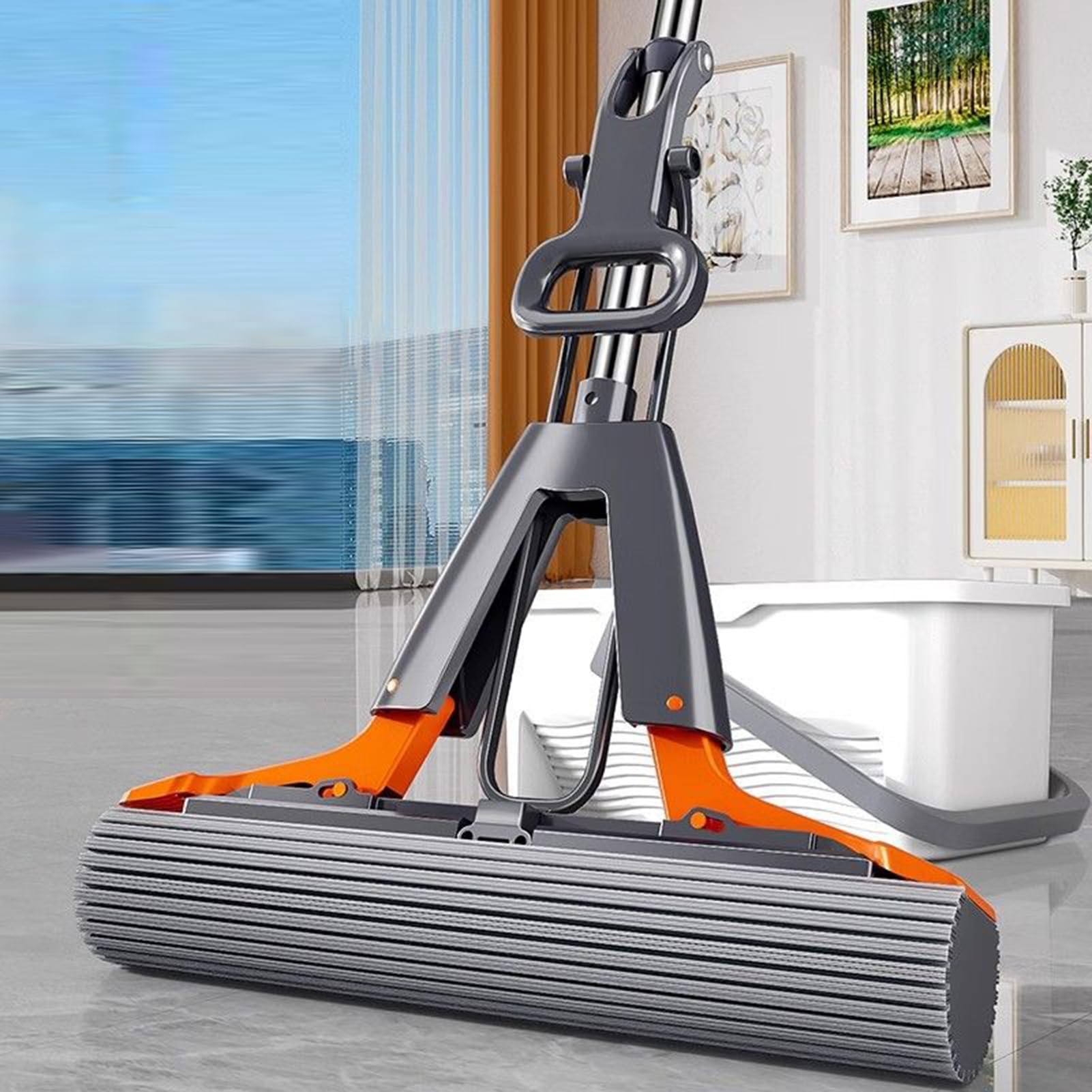 Mopa de Esponja – Rodillo de fregona autoexprimible para baño | mango de acero inoxidable PP con cabezal absorbente de eje largo, para madera dura, azulejos, laminado, mármol, agua, lim