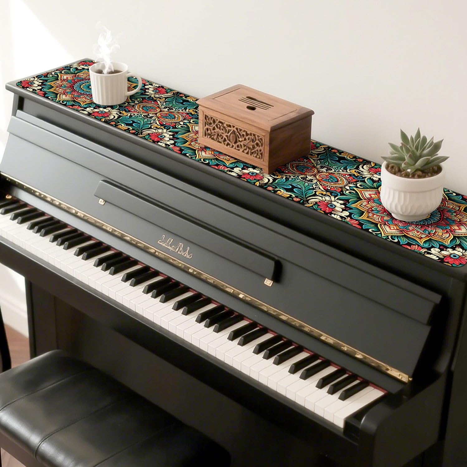 Piano Top Runner Mat, Non-Slip Rubber Bottom, Free Cut Top Protector Dust-Proof Covers for Piano Musical Instrument,Chiffonier,Chest of Drawers,TV Stand,Television Cabinet(Vintage Flora, 61" x 13.8")