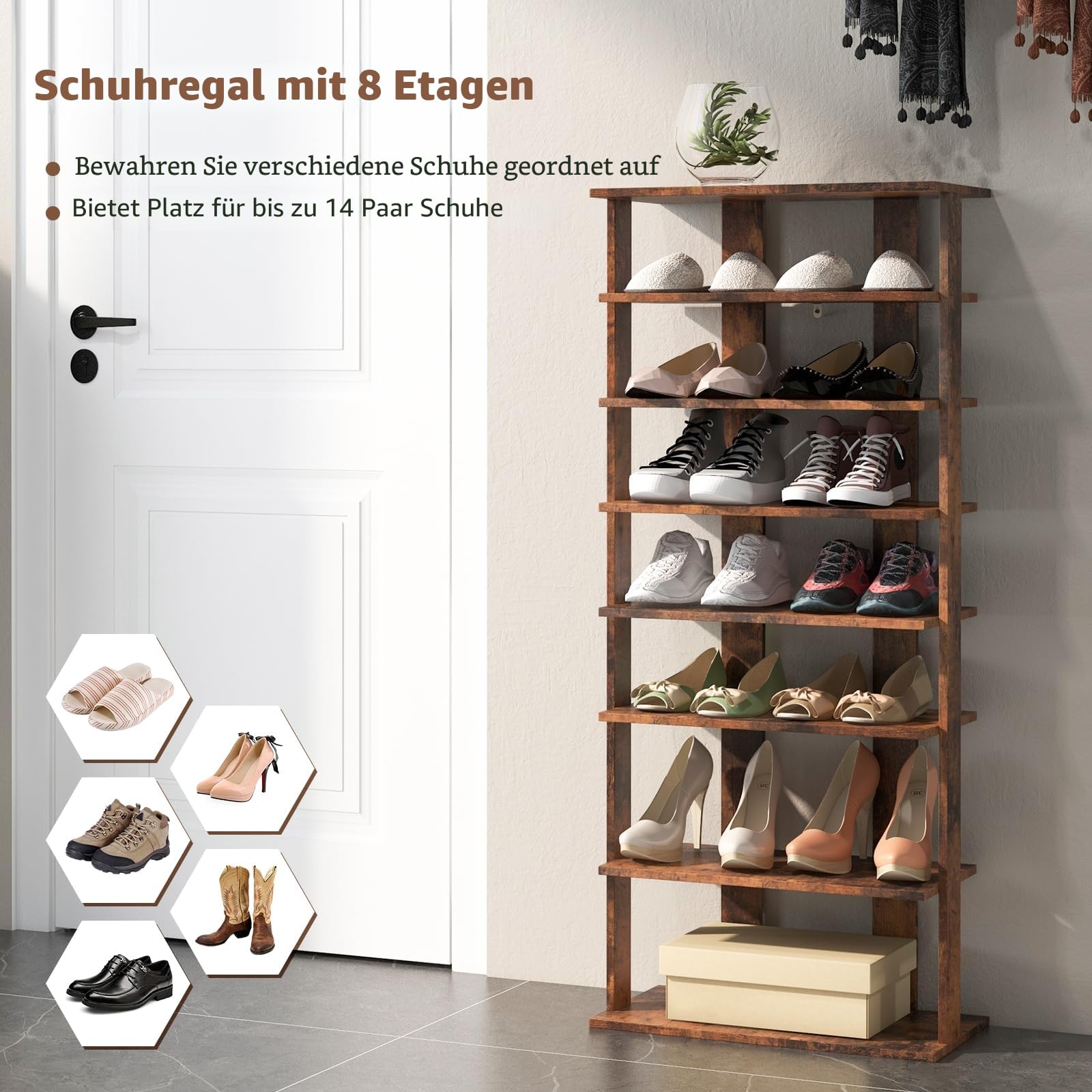 GIANTEX Schuhregal schmal und hoch, Schuhschrank Regal Holz 8 Ebenen, Schuhständer Schuhablage vertikal, Schuh-Organizer platzsparend, Holzregal Standregal Lagerregal Eckregal Rustikalbraun