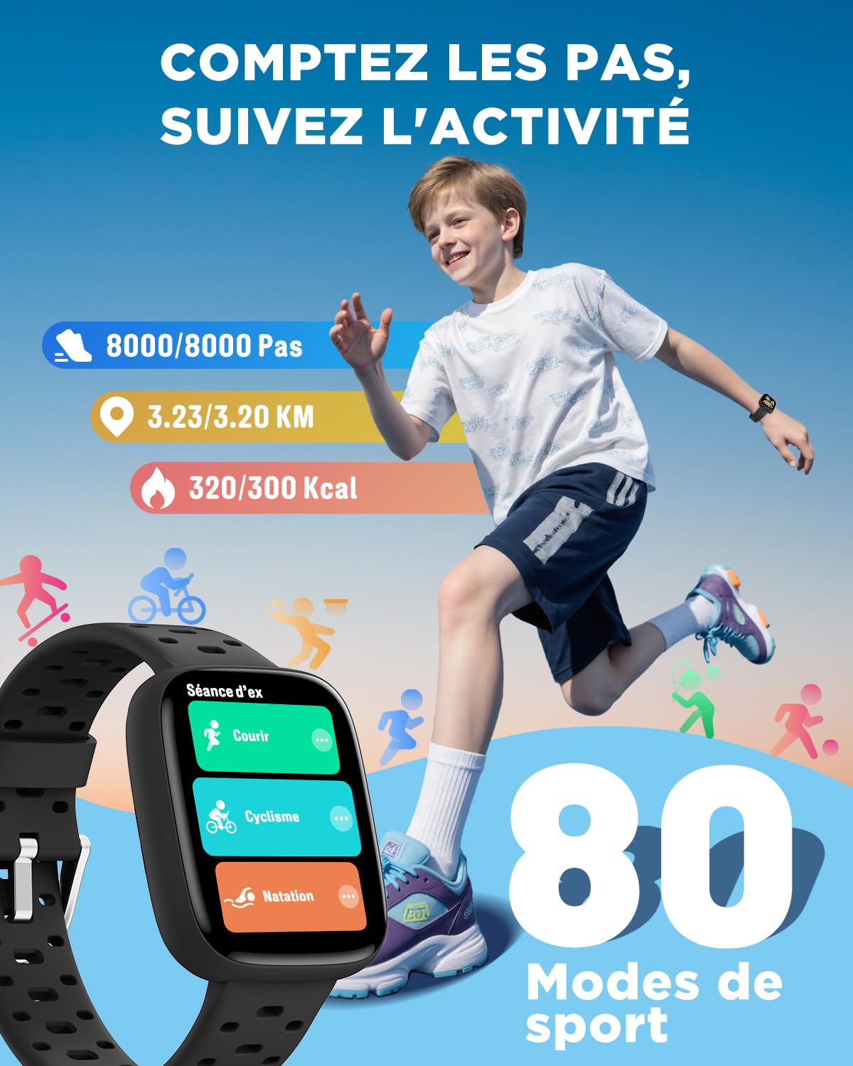BIGGERFIVE Montre Enfant Connectée ou Non, 1,8" Amoled Smartwatch Podomètre | Cardiofrequencemètre, 30m Étanche, Moniteur de Sommeil, Jeux de Puzzle, 100+ Cadrans pour Garçons Filles Ados 5-16, Noir