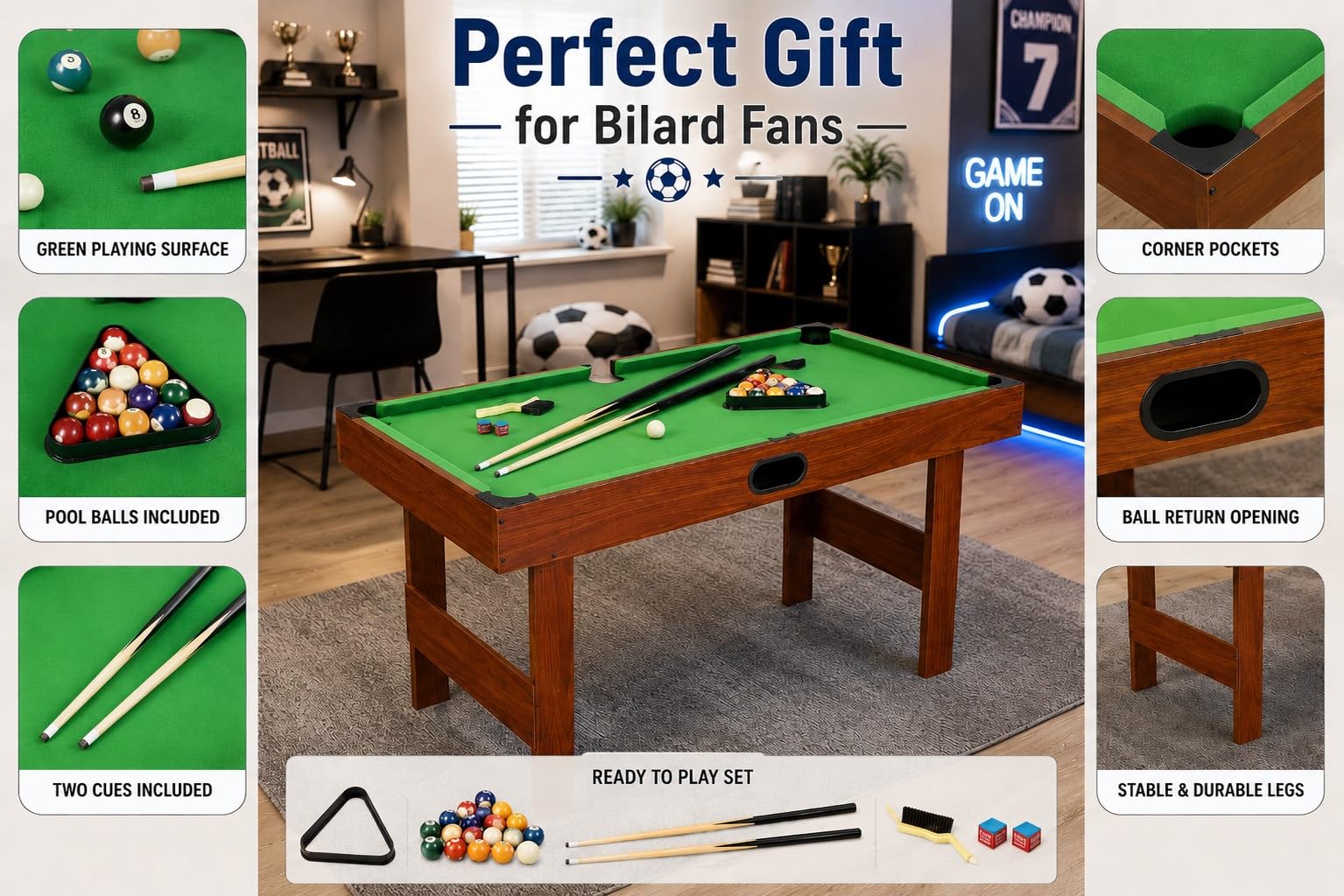 Spieltisch für Zuhause, Freizeittisch, Tischspiel, Tischkicker, Kickertisch, Tischfußball, Billardtisch, Poolbillard Multigame Tisch mit Zubehör für Hobbyraum und Spielzimmer