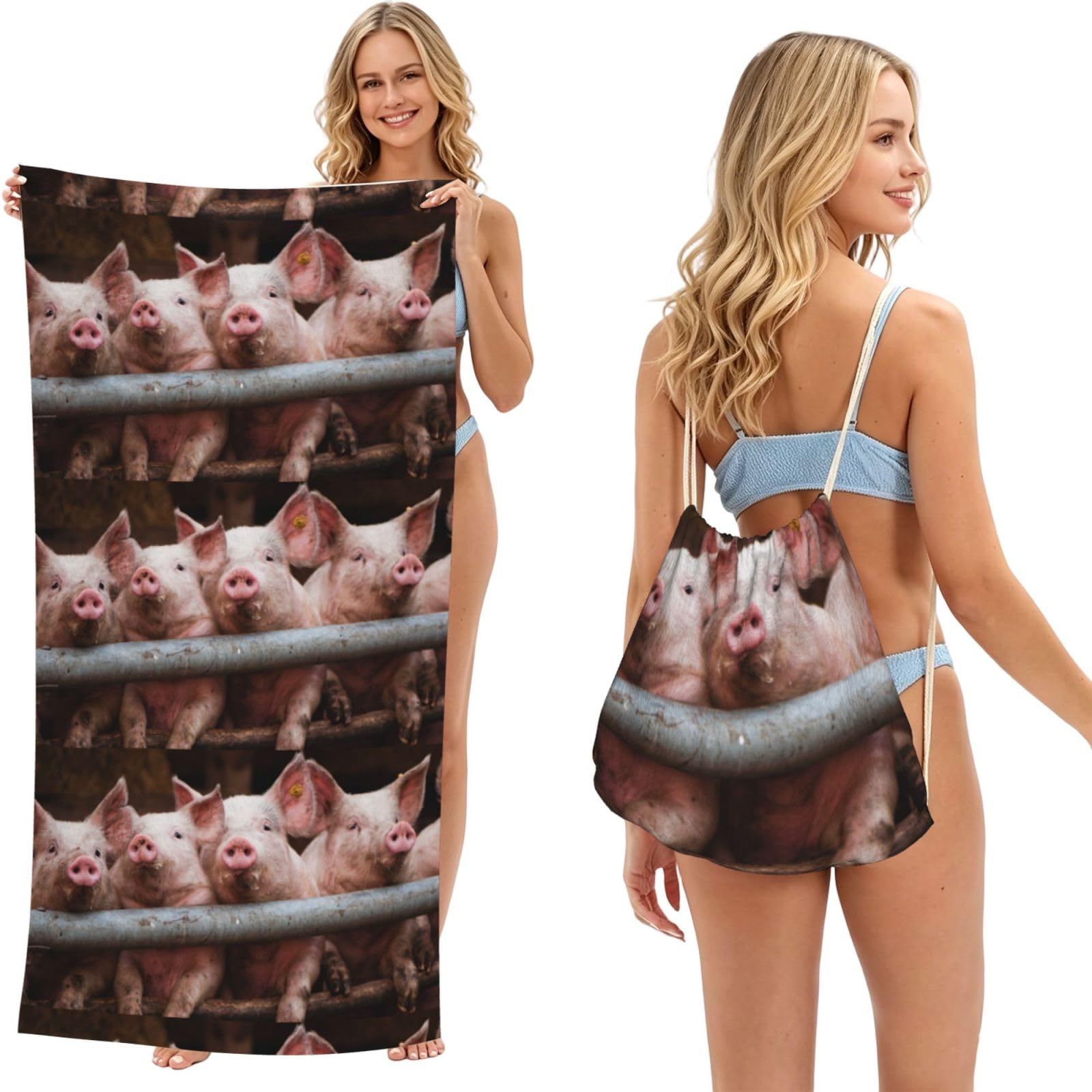 Poadnly As Picture Pig, 2 In 1 Packable Towel Bag, Beach Towels With Drawstring Backpack For Travel Holiday Camping