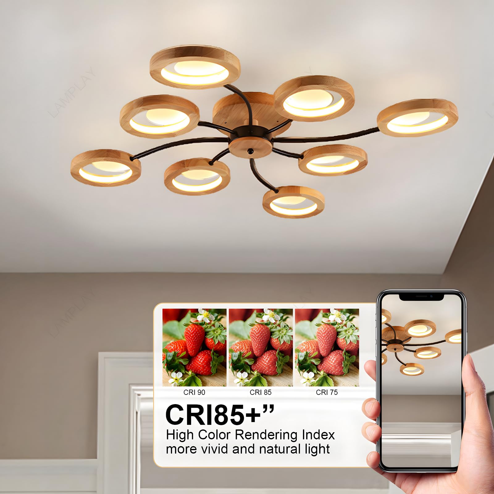 Lampada Da Soffitto Moderna A LED, Lampadario Ø114cm Dimmerabile Con Telecomando 3000K-6000K, Braccio Nero + 8 Anelli In Legno, Paralume In Metallo, Soggiorno Camera Da Letto Sala Da Pranzo