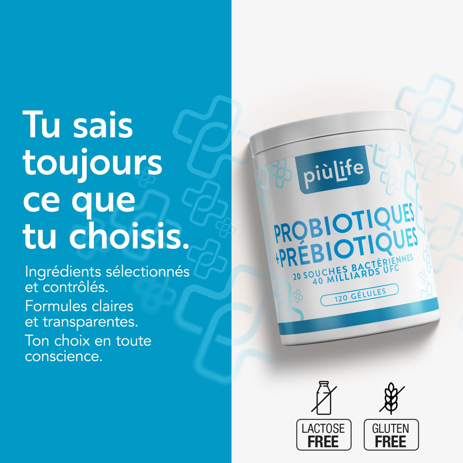 Probiotique Flore Intestinale Avec Prebiotiques 120 Gélules PiùLife, 40 Milliards UFC Dose, 20 Souches, Microbiote Intestinal, Bifidobacterium Et Lactobacillus, Ballonements Intestinaux Et Gaz, Colon