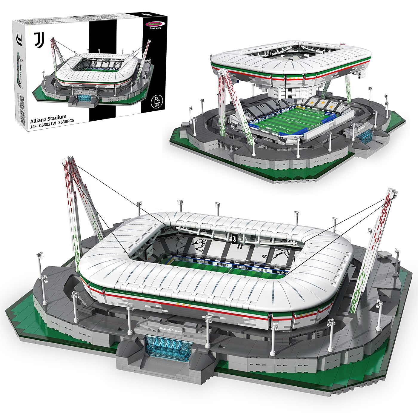 JAMARA 402905 CADA Allianz Stadion Juventus Turin Bricks, od 14 lat, zestaw klocków, model duży, zestaw klocków, wierne wzornictwo, światło LED z 8 trybami świecenia, fala wentylatora