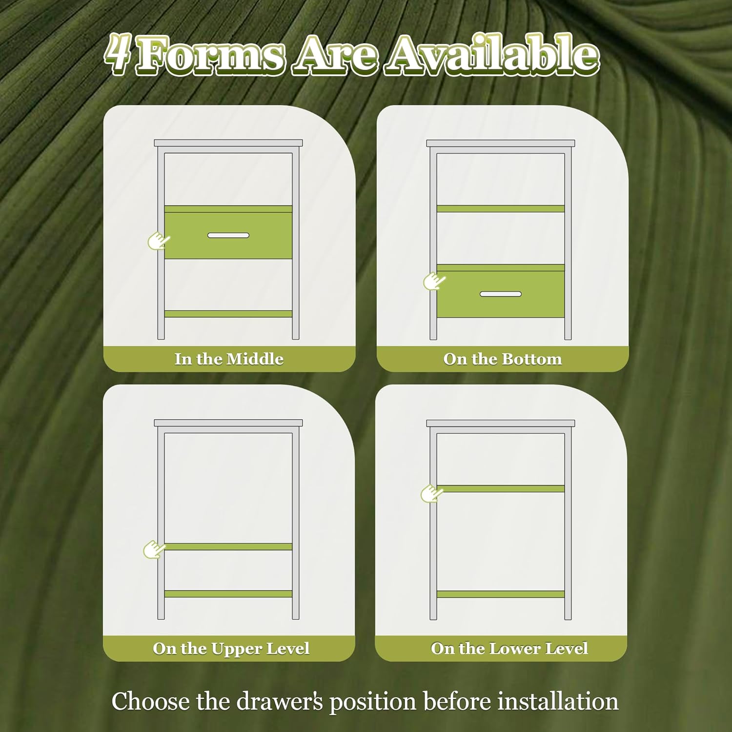 Nightstand showing a large fabric drawer open with items inside, and a spacious tabletop
