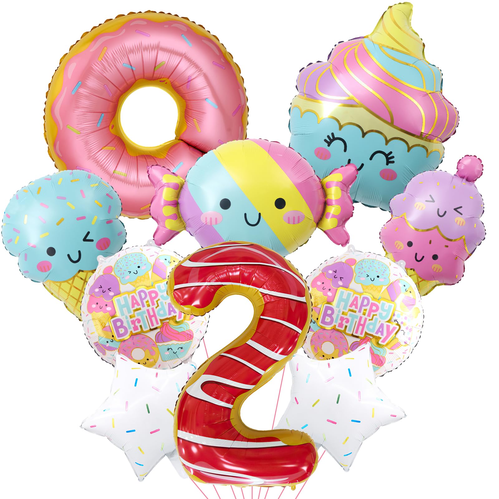 10Pcs Ice Cream Balloons, Donut Candy Birthday Number Mylar Foil Balloons Ice Cream Theme 2nd Birthday Party Supplies Decorations