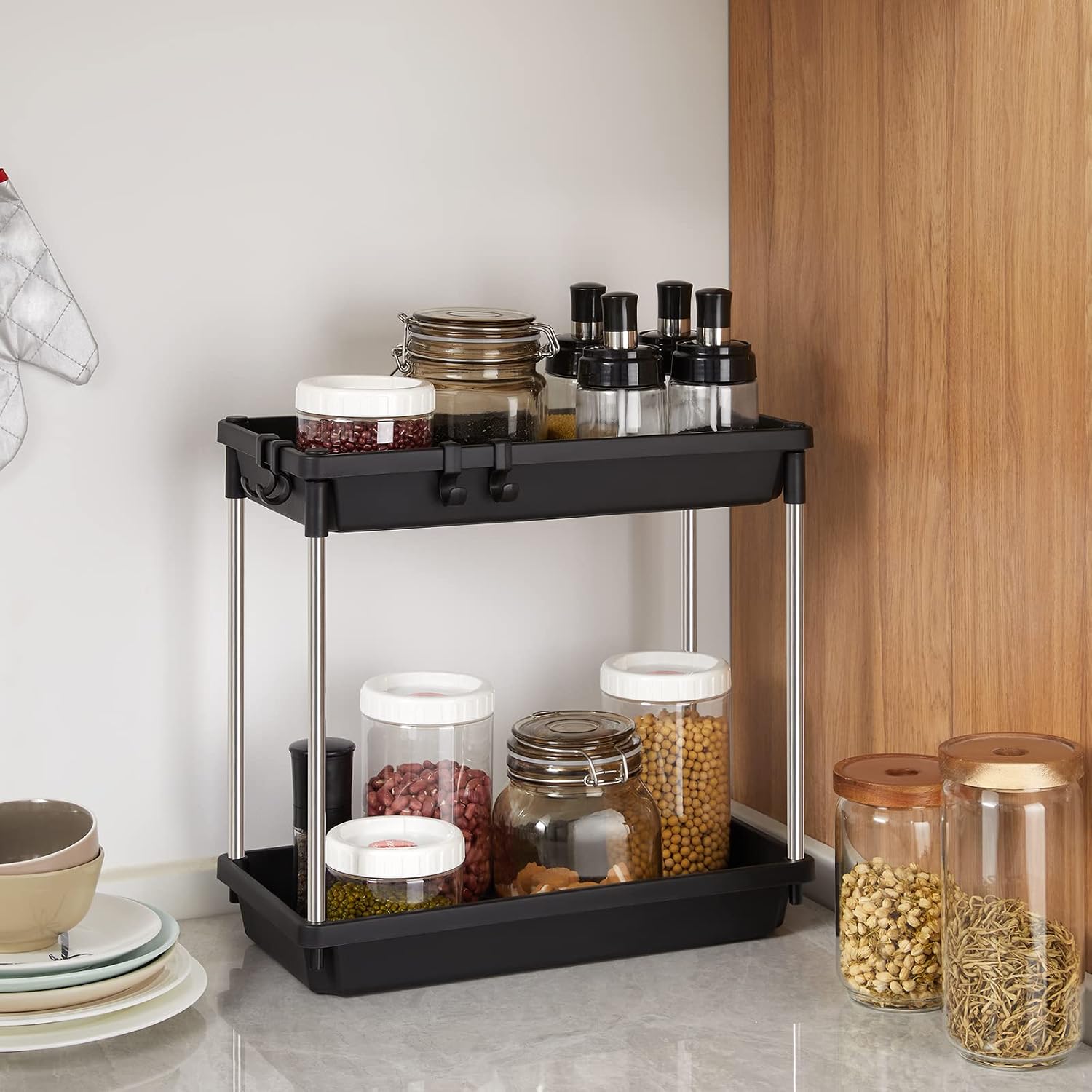 Lifewit Under Sink Organizer, 2 Tier Shelf Rack with 4 Hooks for Bathroom Cabinet Kitchen Countertop Office Holder Storage, Multi-purpose Baskets Holder for Space Saving, Easy Assembly, Black