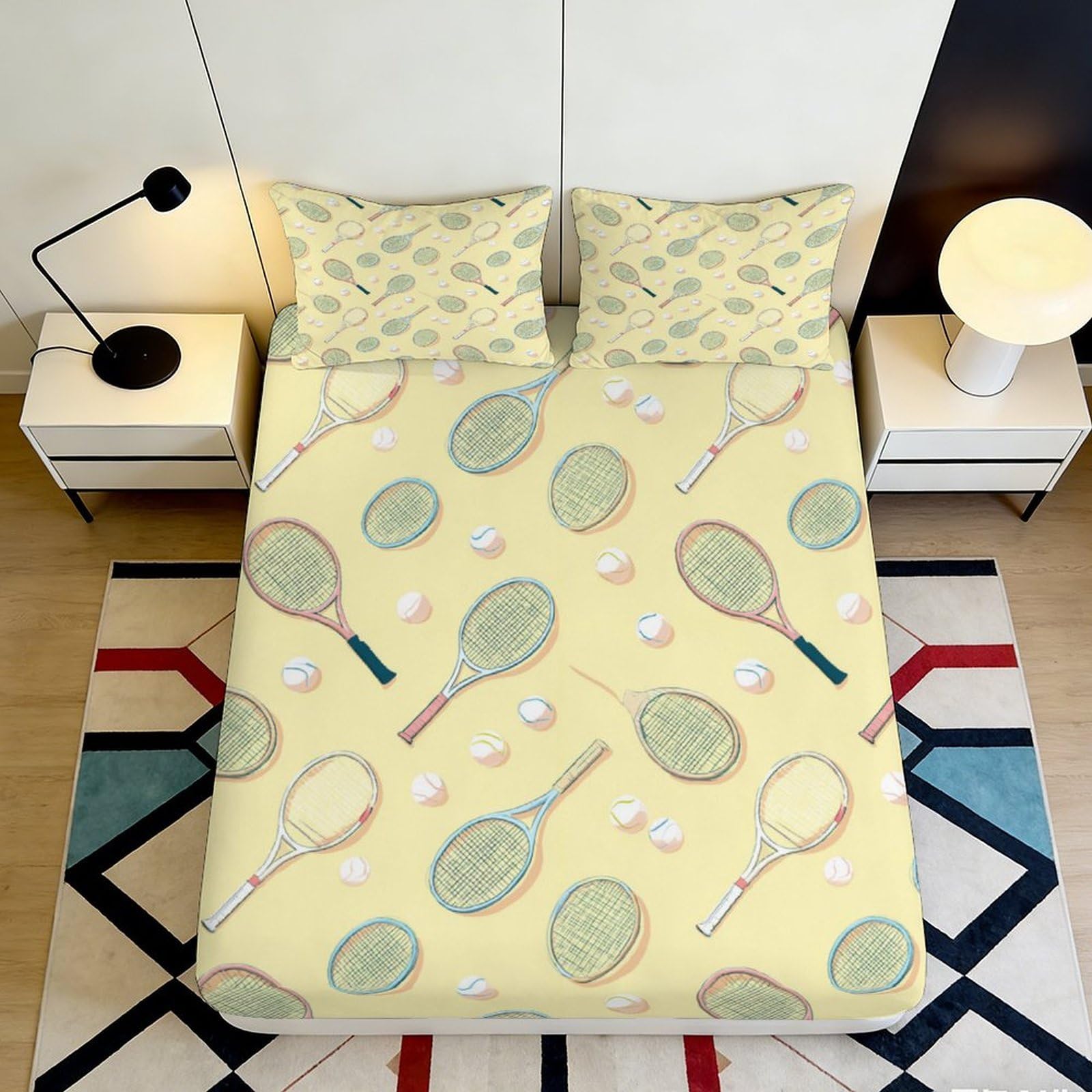 3D Printed Tennis Racket Fitted Sheet Microfiber Soft Yellow Tennis Ball Mattress Cover for Bedroom Guest Dorm Decor 90x200x25cm