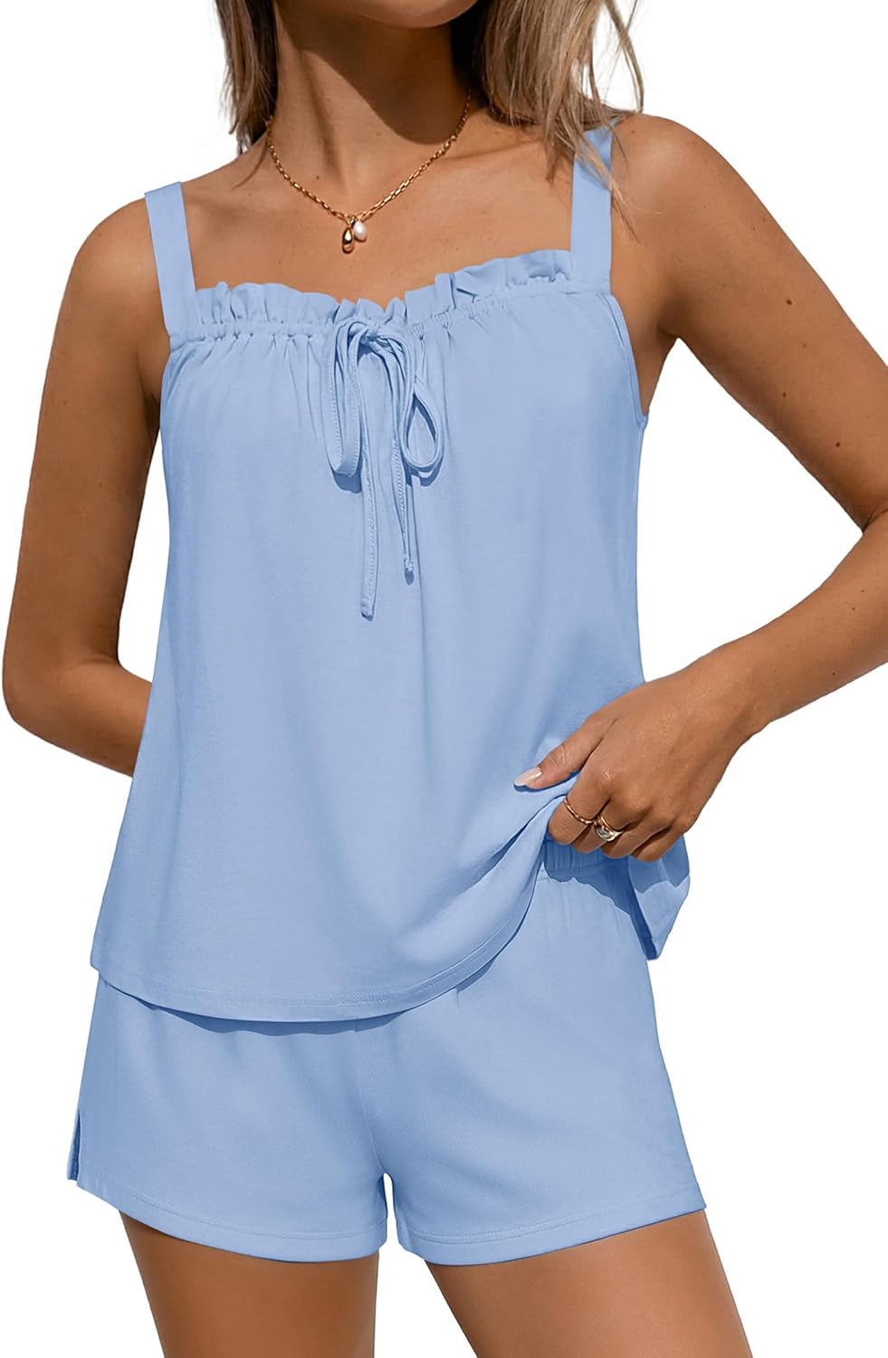 Ekouaer Womens Pajamas Sets 2 Piece Cute Tank Top and Shorts Lounge Set Sleeveless Pjs Set Sweet Sleepwear