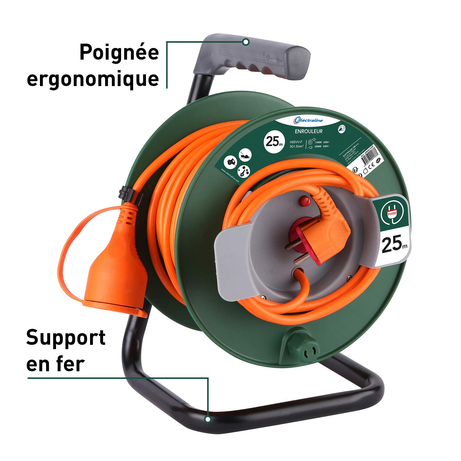 Electraline Jardín 20866149F - Prolunga 25 m, con avvolgicavo 16 A, sezione 3G, 1,5 mm², colore: arancione/verde