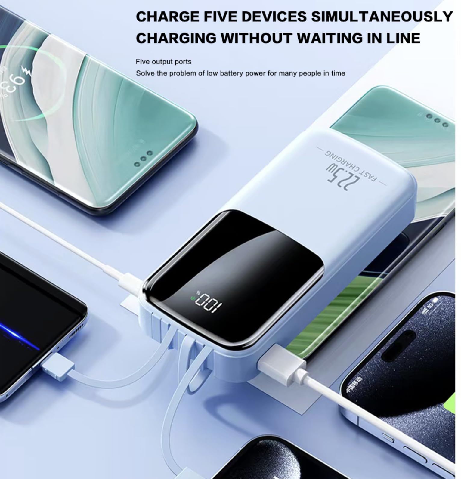 Power Bank 20000mAh 22.5W Carga Rápida – Batería Externa con 4 Cables Integrados, Pantalla LED, USB-C y USB-A, Carga 5 Dispositivos a la Vez – Cargador Portátil para iPhone, Samsung y Android