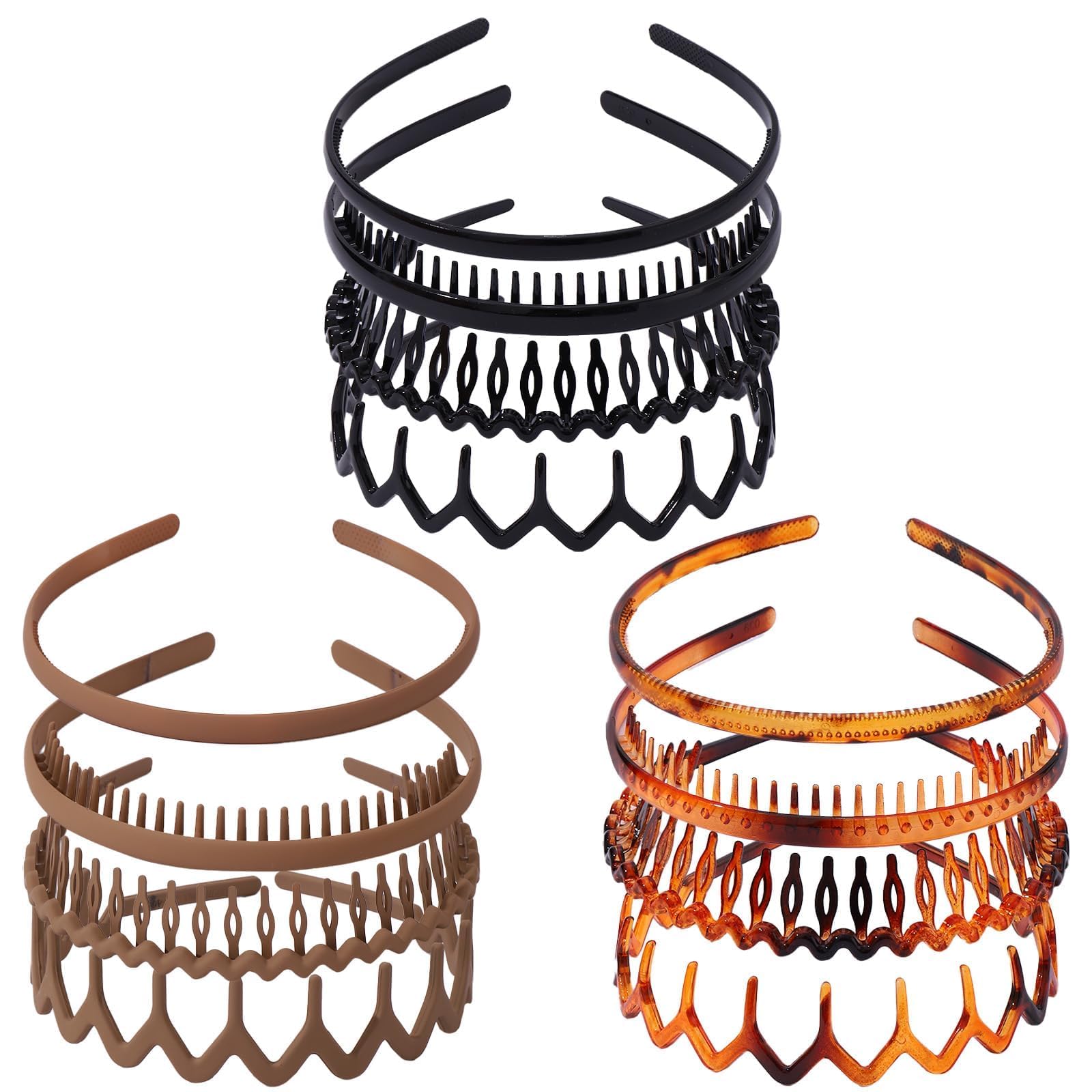 12Pcs Plastic Headbands with Teeth for Women Men Non Slip Black+khaki+Turtle