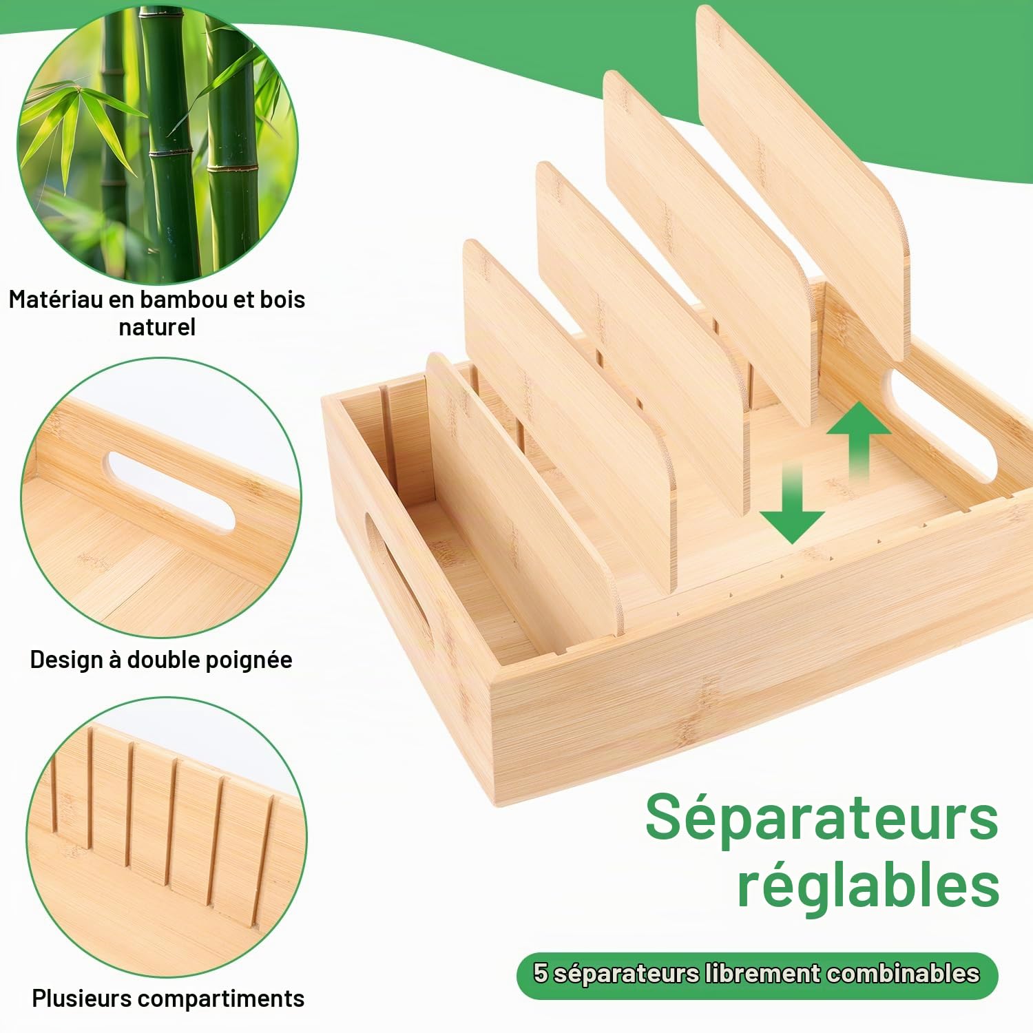 Egoutoire Vaisselle Cuisine Égouttoir à Vaisselle Bambou Rangement Sous Evier Cuisine Range Couverts Porte Rangement Assiette Organisateur Placard Cuisines Avec 5 Séparateurs