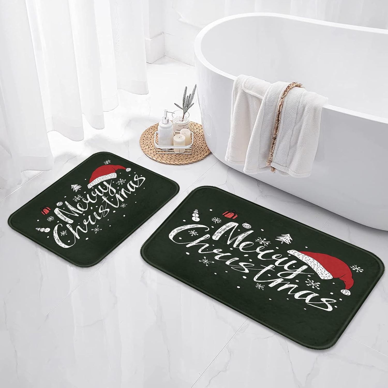 Arttown Christmas Bathroom Rug Mat Set of 2, Red Santa Hat Christmas Bathroom Rug