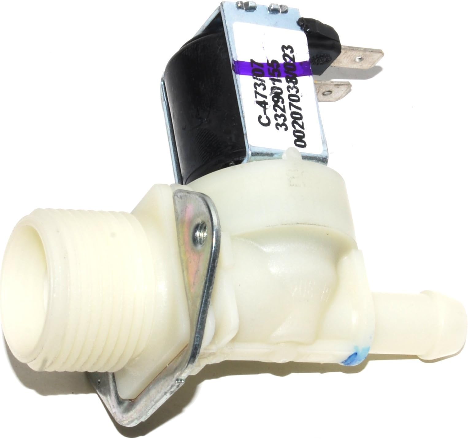Water Valve Solenoid Single Inlet 180 Deg, To Fit Washing Machines, Dishwasher,   Bottle Washer.. plus many other applications. 6.3mm Tab Terminals, 10.5mm Bore,   230-240v, Hotpoint, Hoover, Creda, Servis, Indesit, Whirlpool & Universal