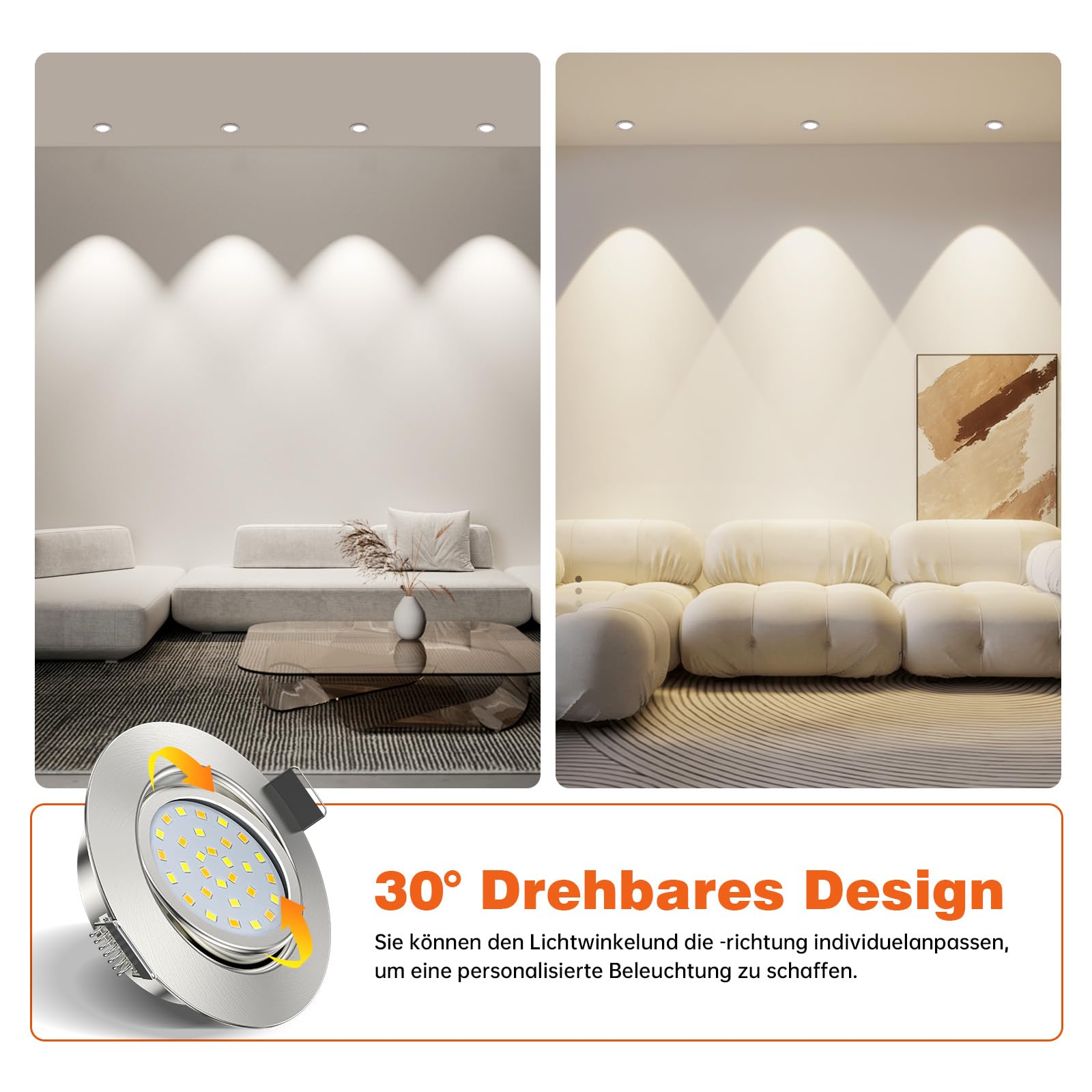 ACELIFE LED Einbaustrahler 230V, 7W 950LM Dimmbar Deckenspots Flach Einbauleuchten 68-80mm Schwenkbar Spots Warmweiß 3000K Neutralweiß 4500K Kaltweiß 6000K für Badezimmer Küche Wohnzimmer,6er Set