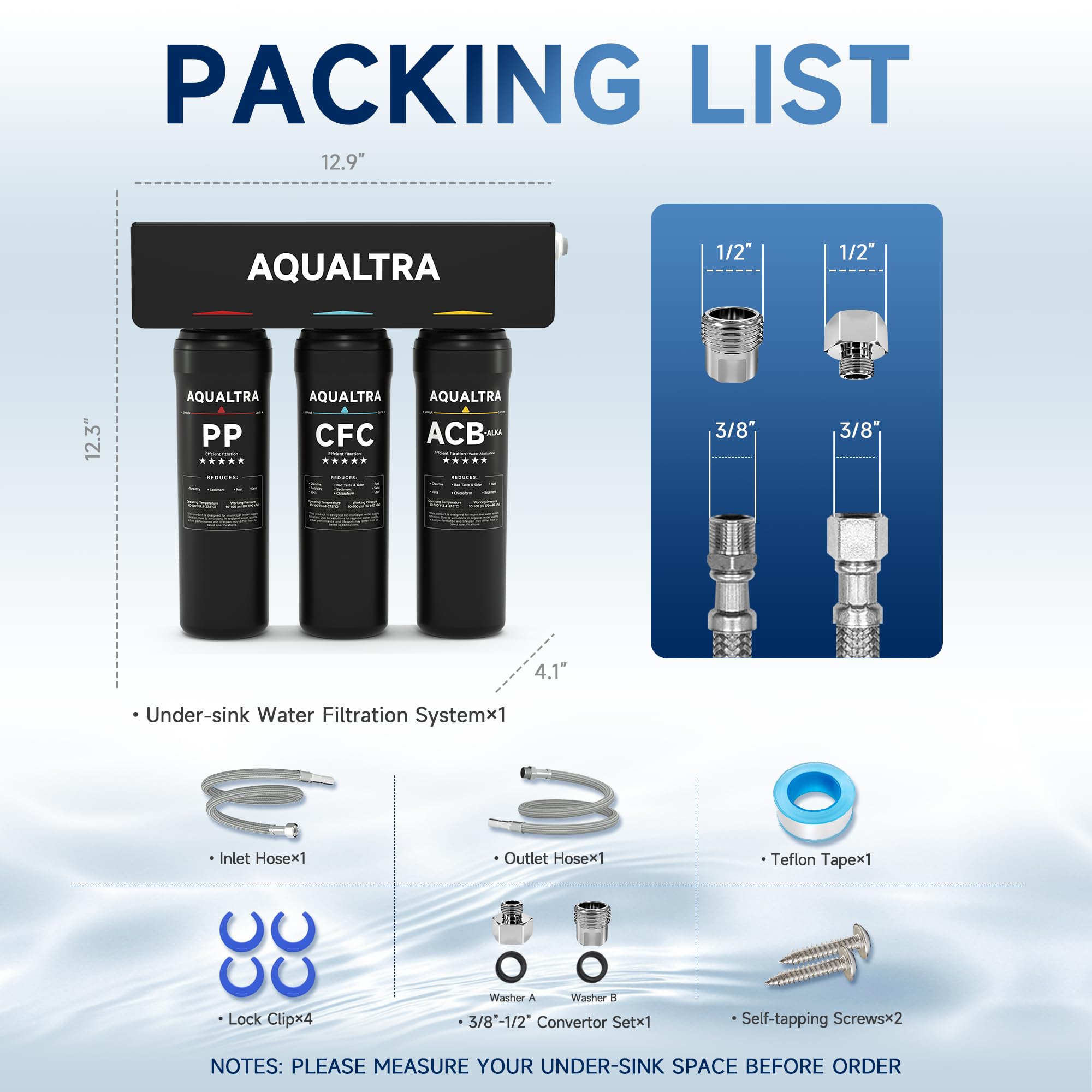 AQUALTRA USF-3B-10 Sistema filtrante sottolavabo leggermente alcalino, 30000–121 000L, riduce PFOA, PFOS, cloro, piombo, mercurio, cloramina, fluoro, particelle di microplastica, cattivo gusto e odore