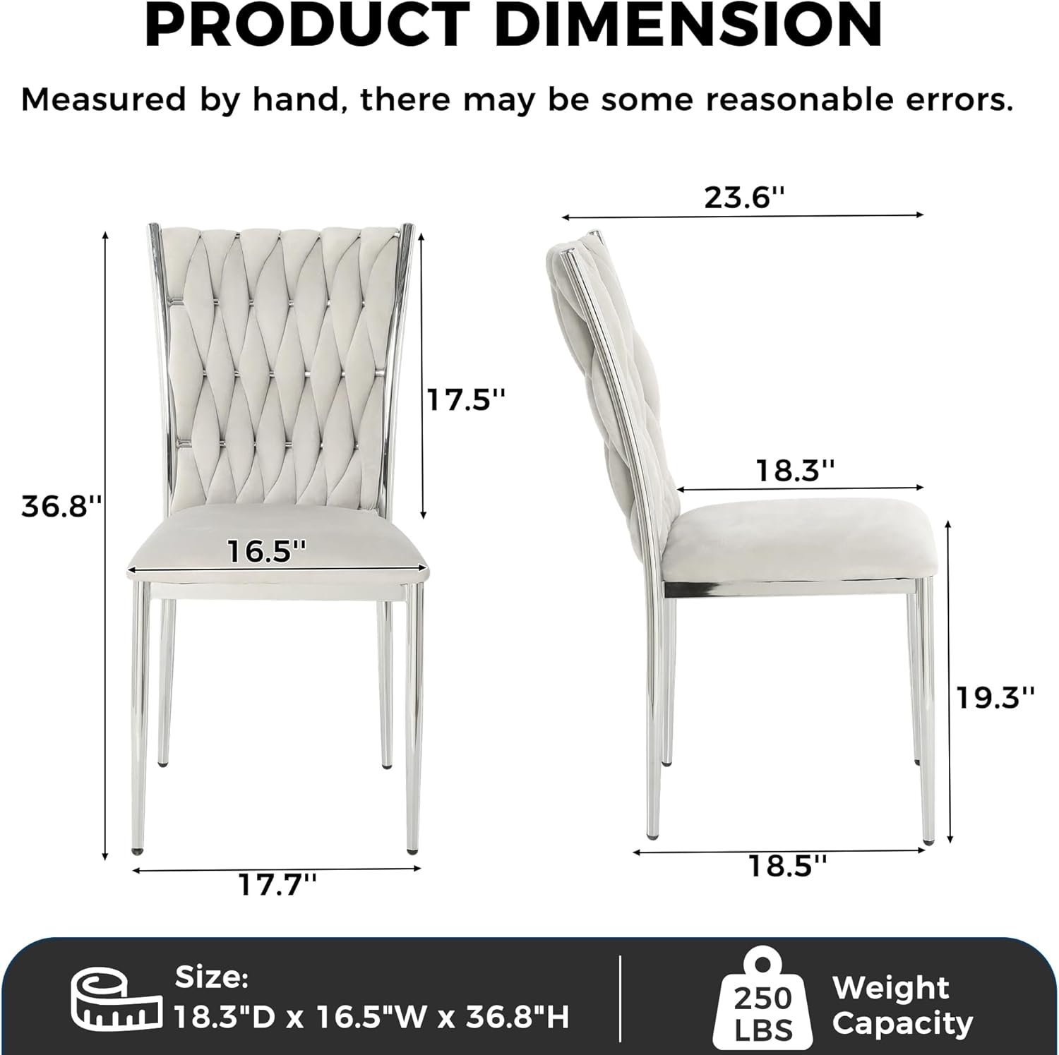 Velvet Dining Chairs Set of 6, Modern Upholstered Kitchen Chairs with Silver Metal Legs, Woven Velvet Fabric and High Back, Dirt Resistance, Easy to Assemble, for Home, Living Room - Light Grey