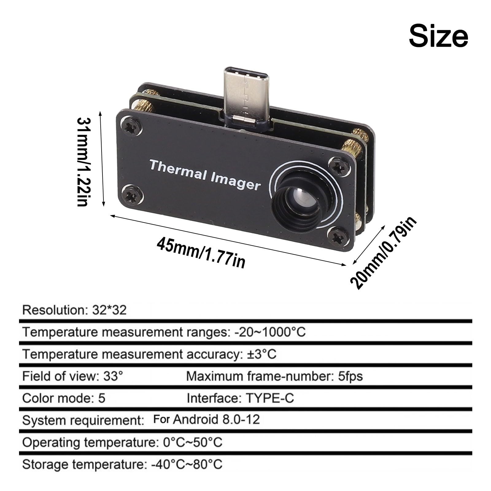 Kamera termowizyjna do telefonu z systemem Android, kamera termowizyjna na podczerwień typu C o rozdzielczości 32 x 32, zakres pomiaru temperatury od -20 do 1000°C, kąt widzenia 33°