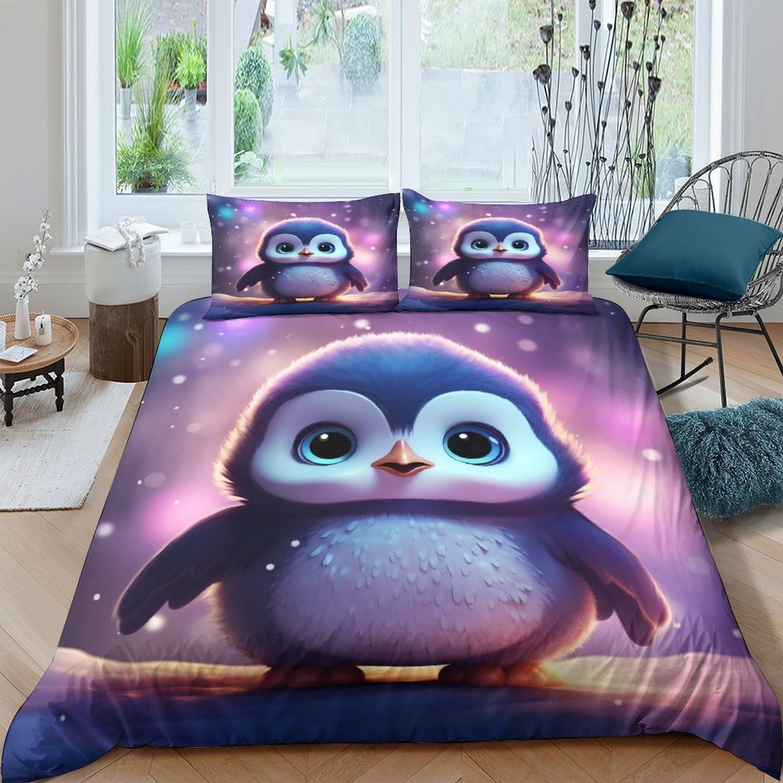ENYISIYULO Penguin Duvet Cover 3 PCS Hotel Quality Quilt Cover Bedding Bed Covers with Pillowcases with Zipper Closure Ultra Soft Hypoallergenic Microfiber Double（200x200cm）