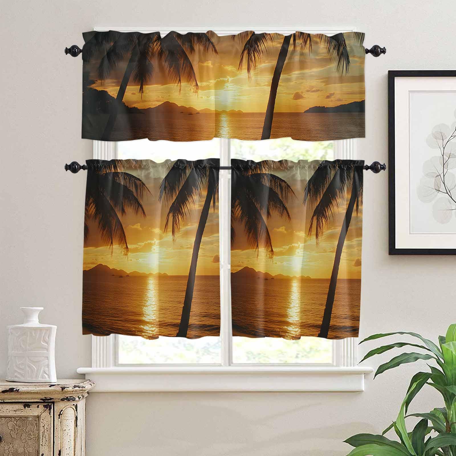 Ocean Sunset Kitchen Curtains 24 Inch Length,3 Piece Rod Pocket Small Half Tiers and Valance Set,Palm Tree Beach Coastal Seaside Seashore Small Large Window Treatment Decor for Bedroom/Bathroom Sink