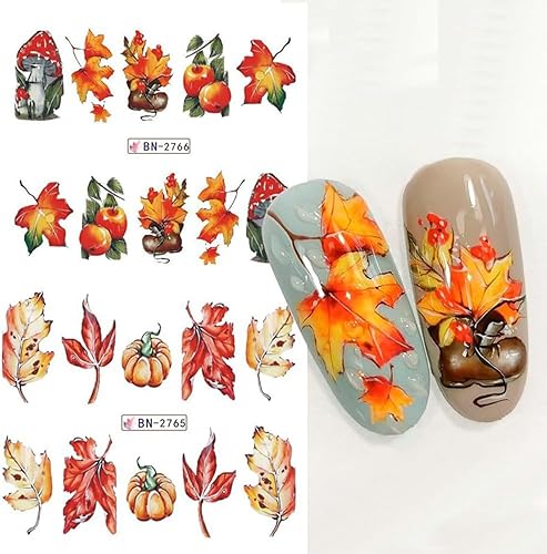Miniatura 5 de 12 hojas de calcomanías de uñas de otoño, hojas de arce, calcomanías de arte de uñas de transferencia de agua de otoño, hojas de arce, calabaza,