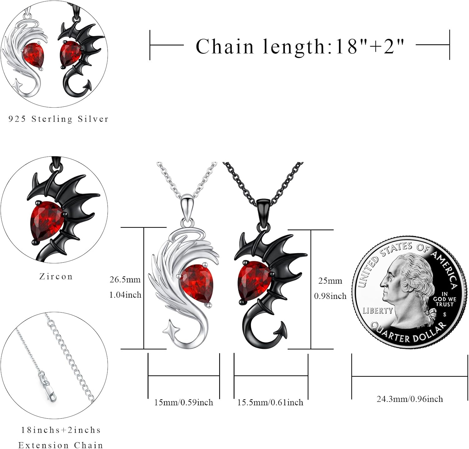 Angel and Devil Couples Necklace 925 Sterling Silver Couple Matching Necklace Her Him Silver Angel and Black Devil Wings Pendant Matching Jewelry Gifts for Couple Friends Valentine's Day - Image 4