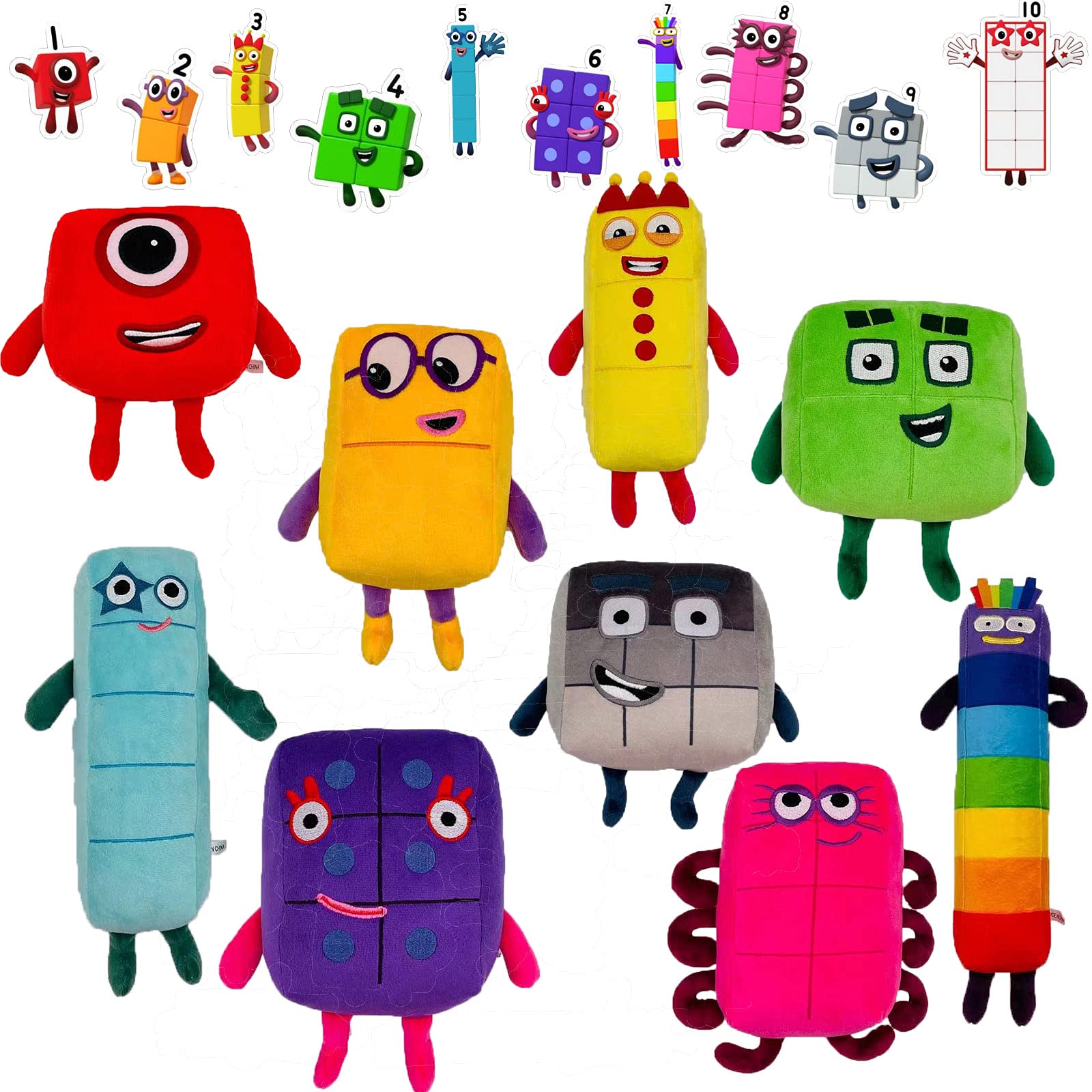 9 Pcs Numberblocks Plush with Stickers,20cm/7.8in One&Two&Three&Four&Five&Six&Seven&Eight&Nine Plush