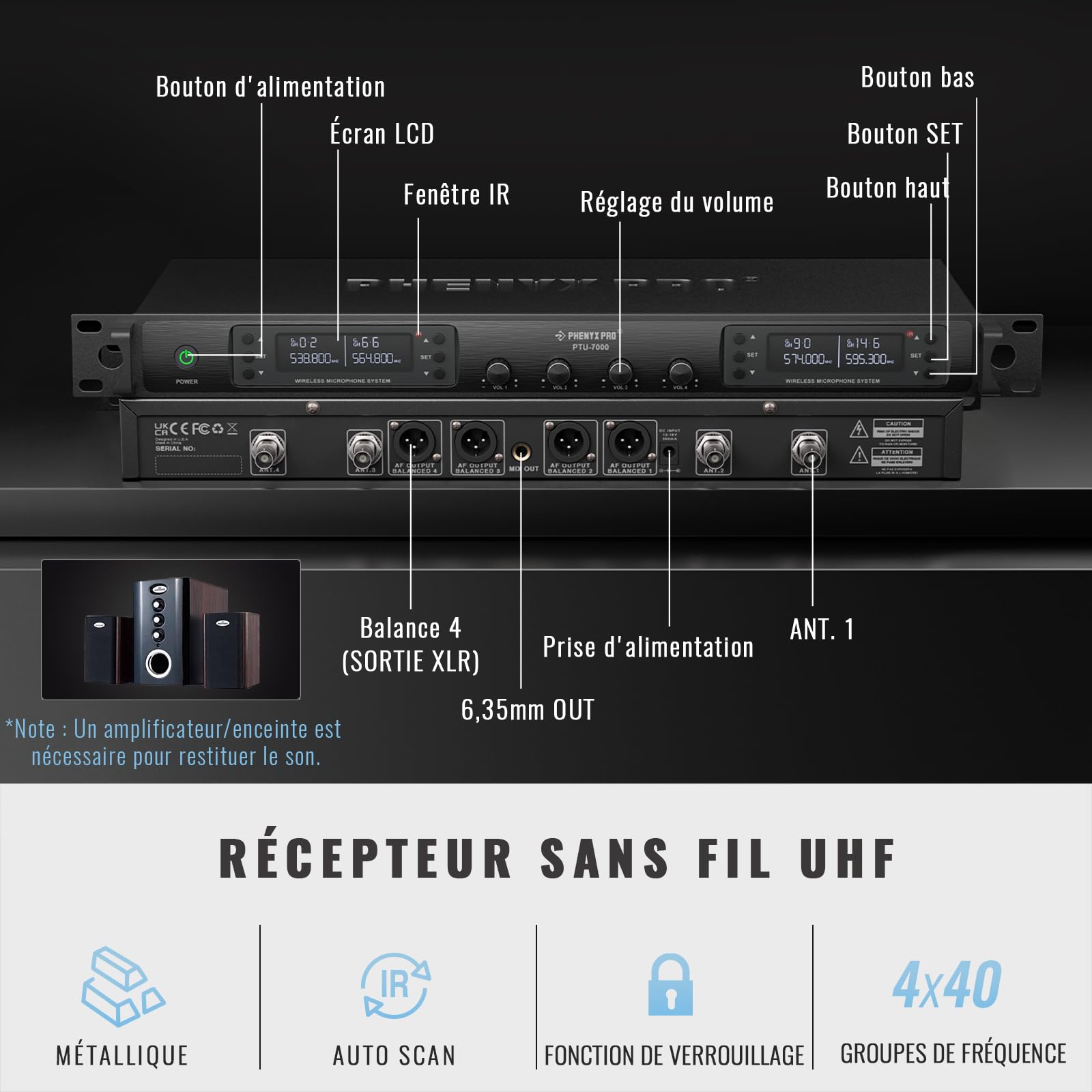Phenyx Pro Système de Microphones sans Fil UHF 4 Canaux PTU-7000-2H2B